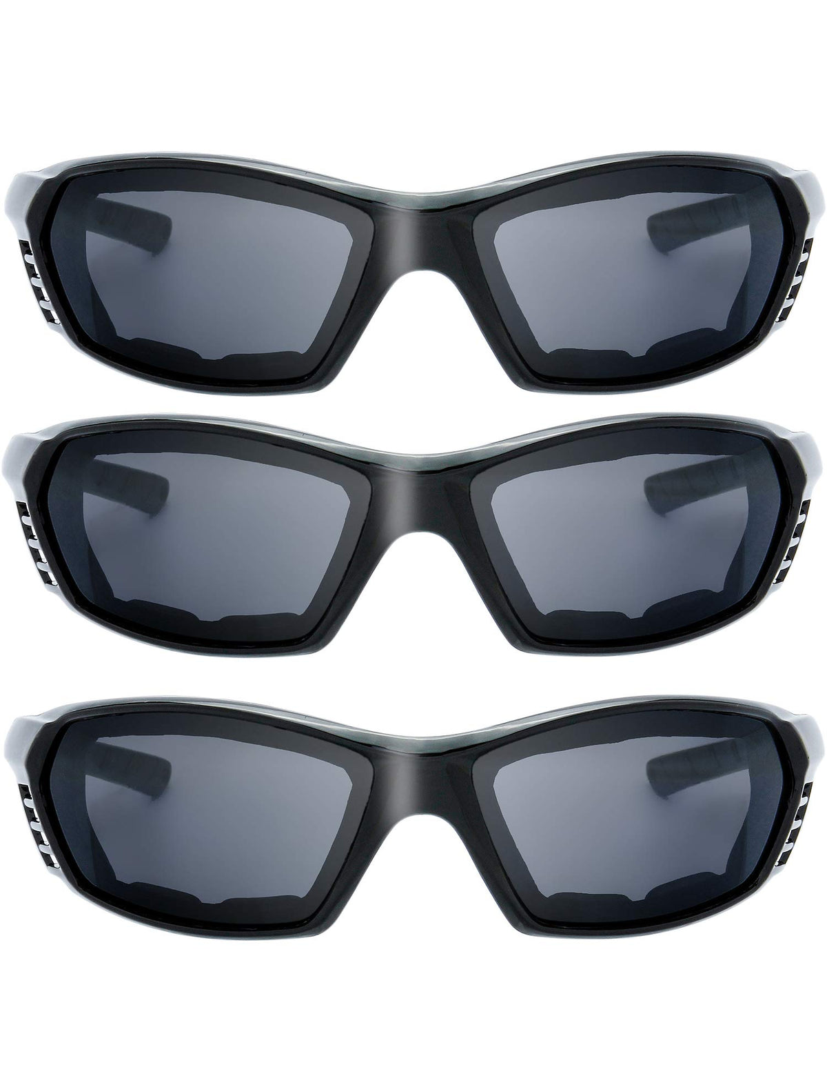 The Fresh Motorcycle Riding Glasses Padded Frame Lens Block 100% Uvb For Outdoor Activity Sport (21-Black, 3 Pairs Of Grey)