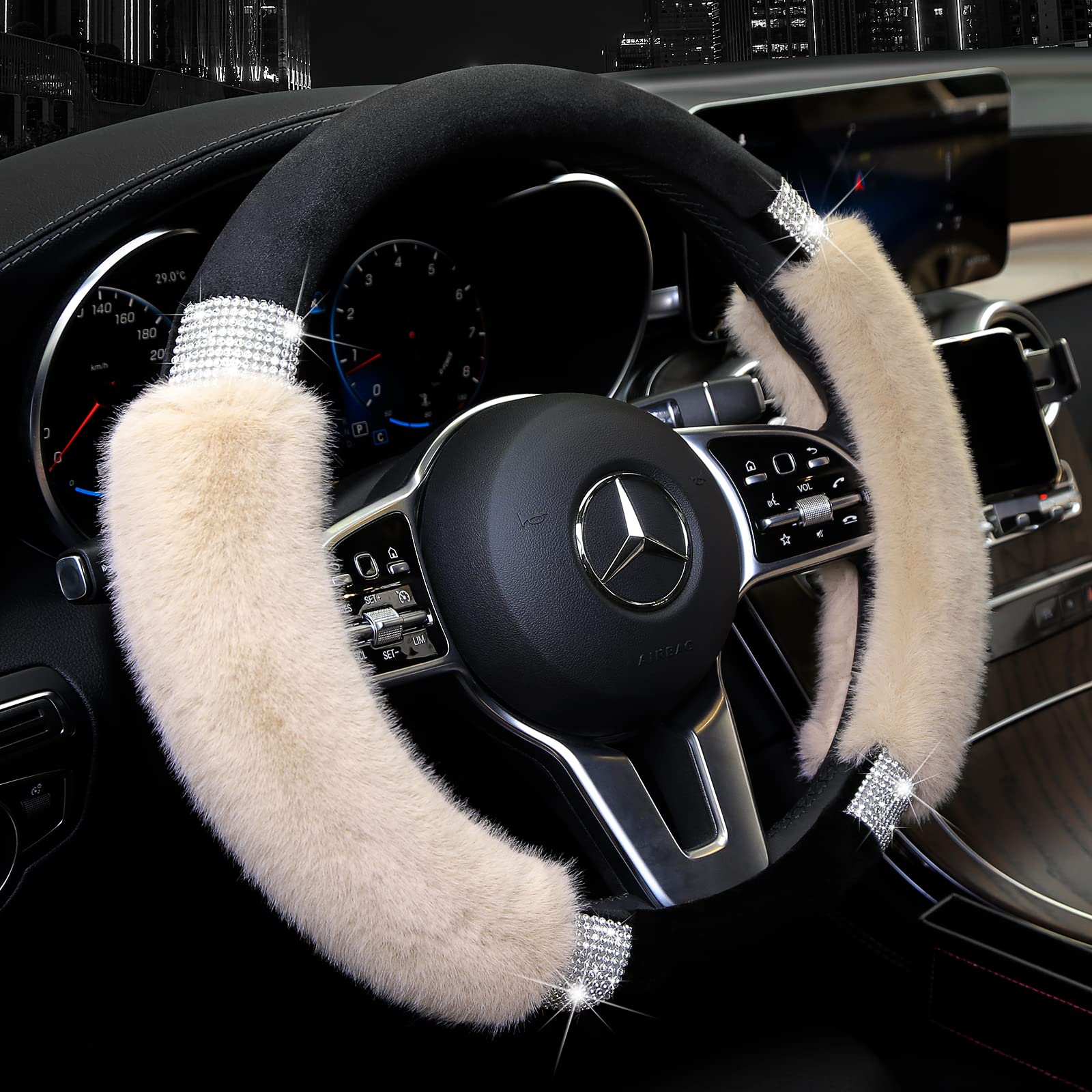 Achiou Rhinestone Fluffy Steering Wheel Cover - Comfortable Non-Slip Luxury Faux Wool, Universal Fit For 14.5 '' To 15 '' Steeri