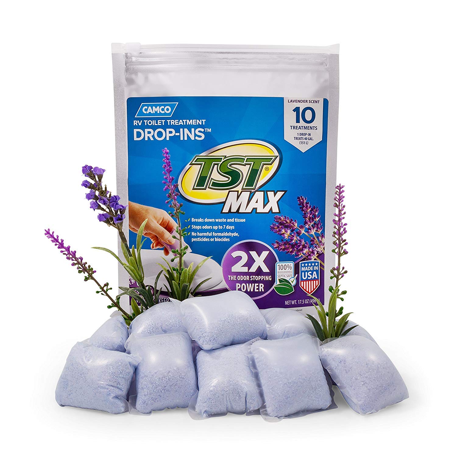 Camco Tst Max Rv Toilet Treatment Drop-Ins - Control Unwanted Odors And Break Down Waste And Tissue - Septic Tank Safe - Lavende