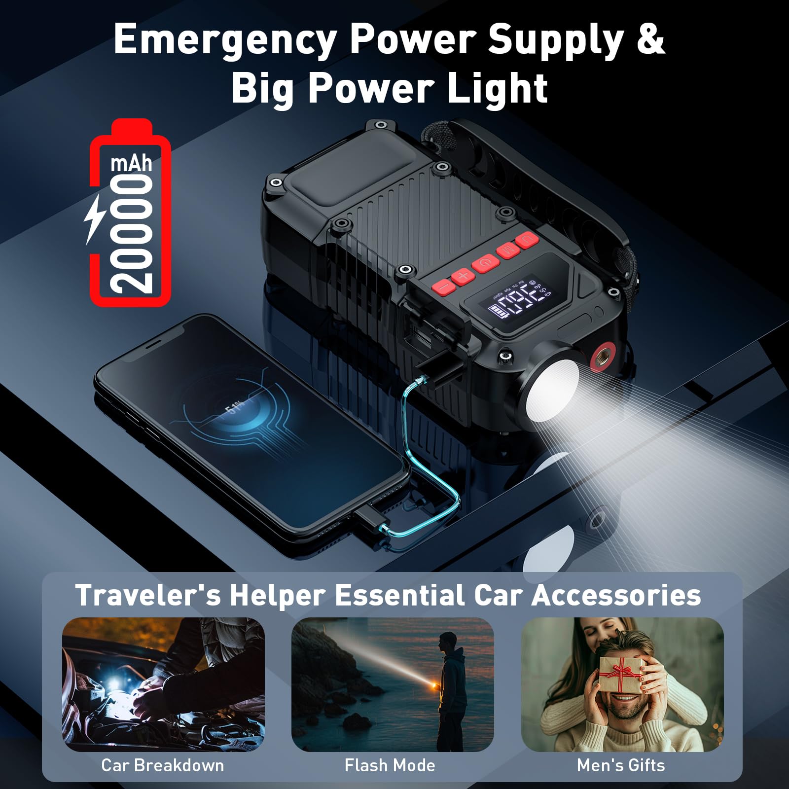 Tire Inflator Portable Air Compressor - 20000Mah Portable Air Pump, 150 Psi Tire Pump With Led Light, Lcd Screen, Portable Tire