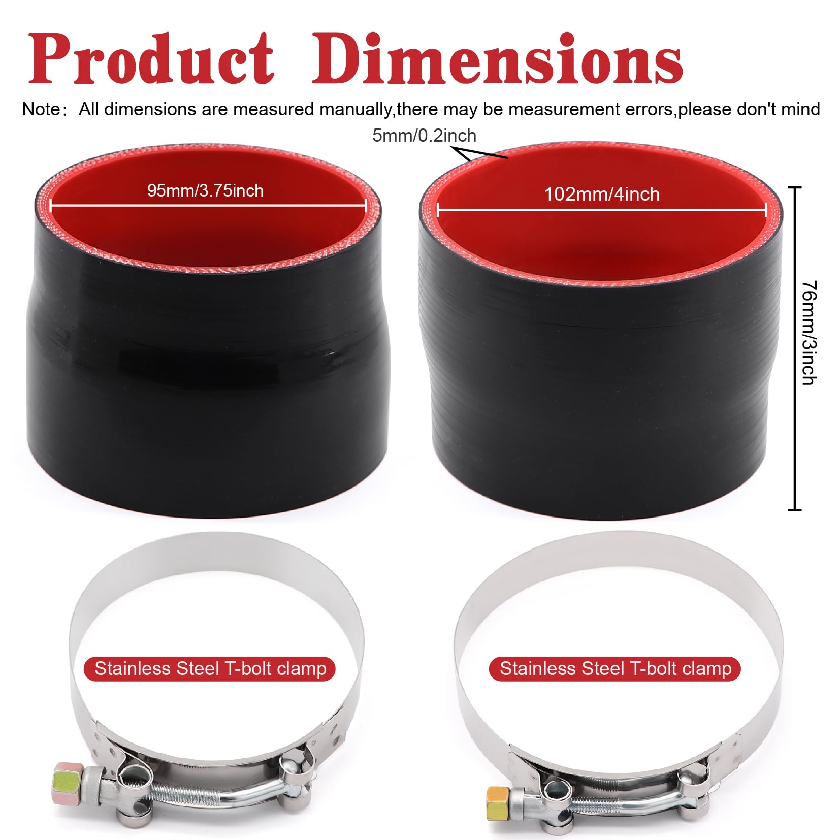 Taukealugs Straight Reducer Coupler Silicone Hose ID 3-3/4-inch to 4-inch 4-Ply with Stainless Steel T-Bolt Clamp for Turbo/Inte