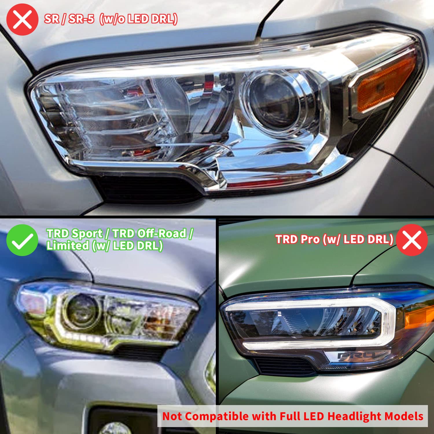 Amerilite For 2016-2022 Toyota Tacoma Trd W/Drl Switchback Led Tube Quad Projector Black Replacement Headlight Assembly Pair - Passenger And Driver Side