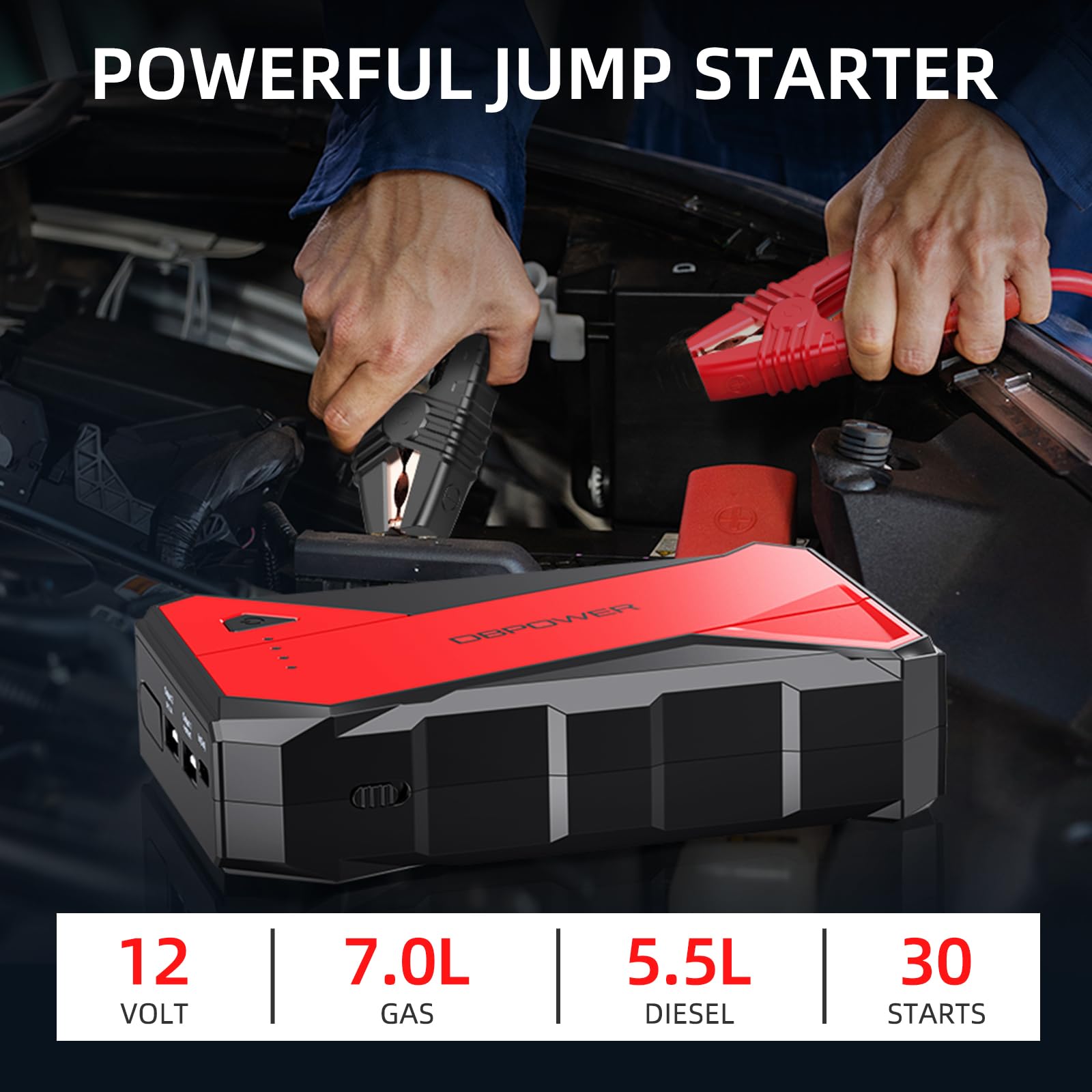 Dbpower 1000A Portable Car Jump Starter (Up To 7.0L Gas, 5.5L Diesel Engine), 12V Lithium-Ion Auto Battery Booster, Power Pack W