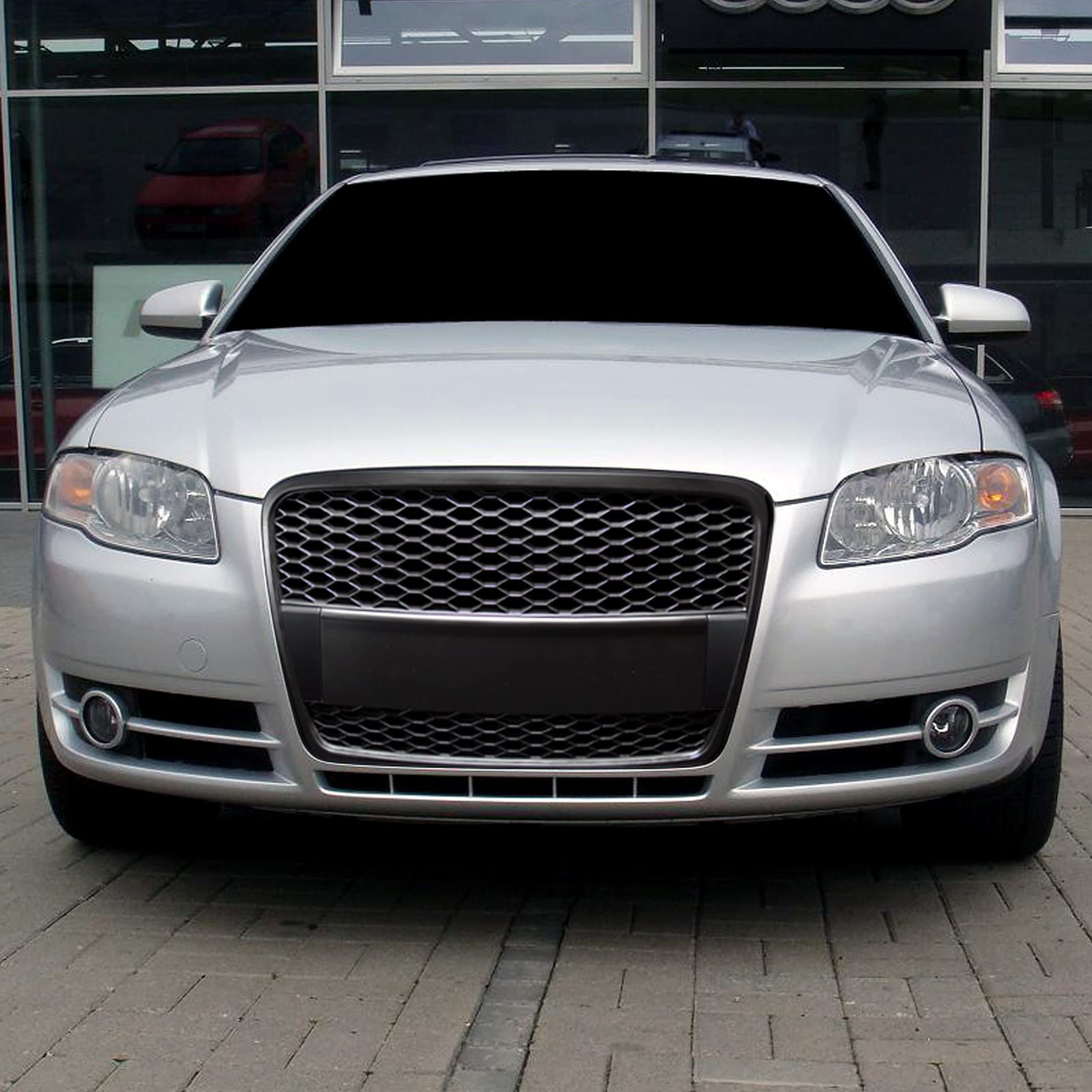 Tlaps 7422438564535 Compatible With 2005 2006-2008 Audi A4 B7 Glossy Black Rs-Honeycomb Mesh Front Bumper Grill Grille With Emblem Base