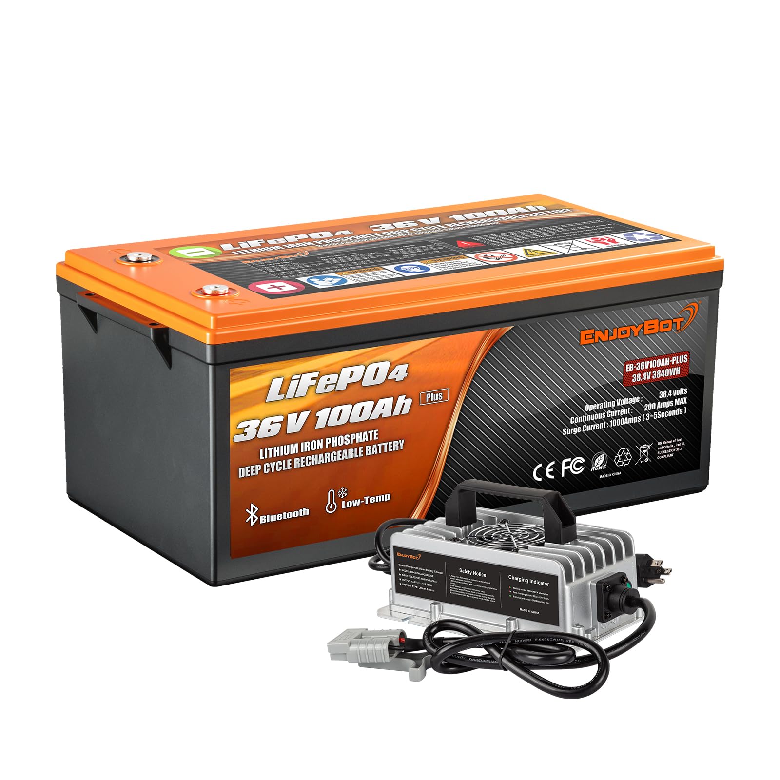 Enjoybot 36V 100Ah Plus Lifepo4 Lithium Battery With 43.8V 12A Charger, Built-In 200A Bms And Bluetooth, Support 2 Series Connec