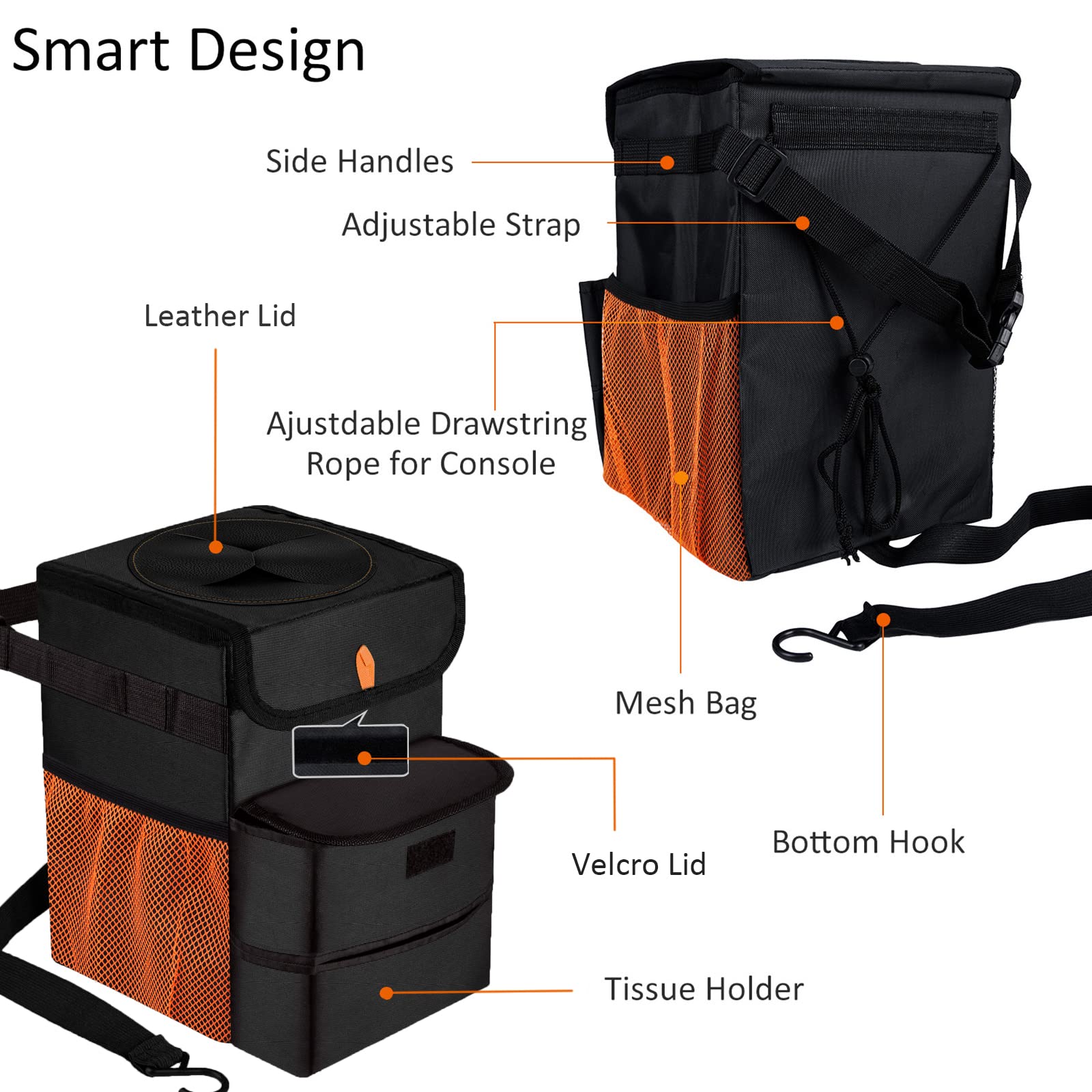 Gpusfak Car Trash Can Foldable Garbage Bin Leakproof 3 Gallons Black Orange