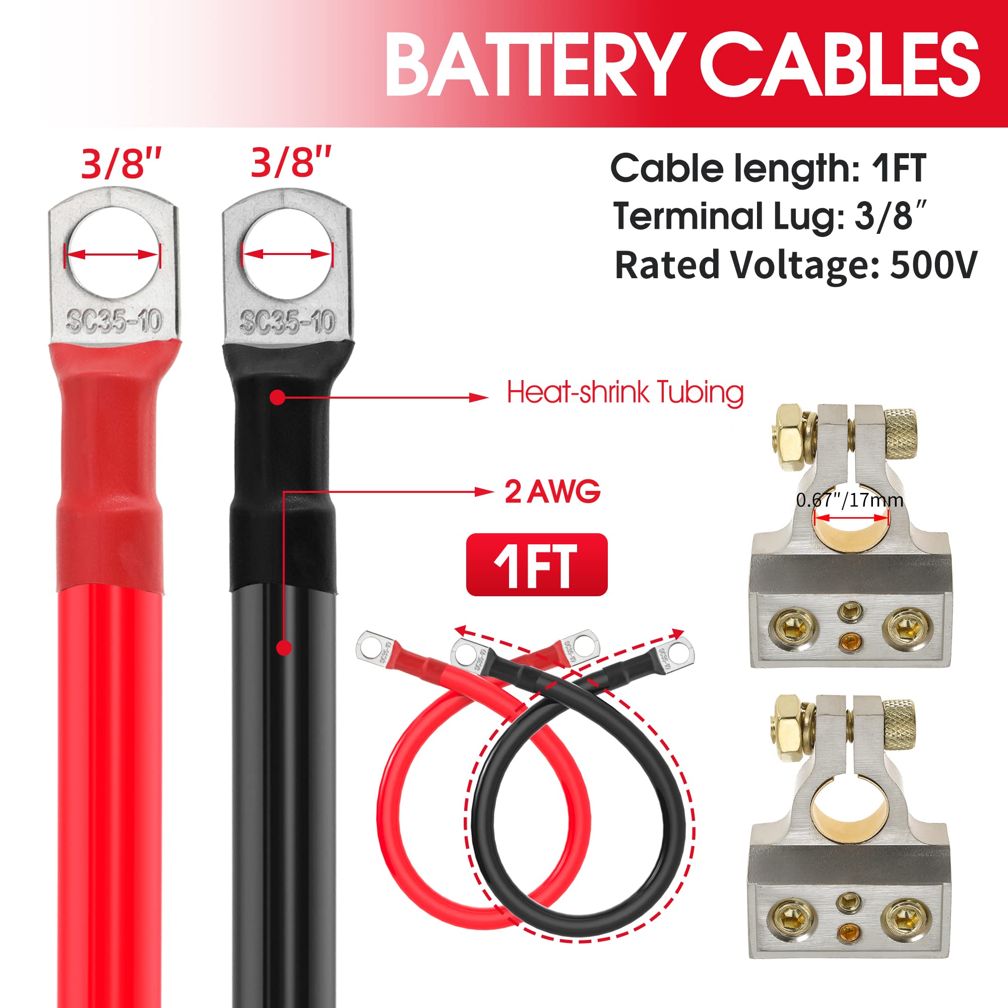 2 Awg Battery Cable 2 Gauge Battery Inverter Cables With 3/8 In Lugs Pure Copper Power Inverter Wire Set For Solar Marine Boat R