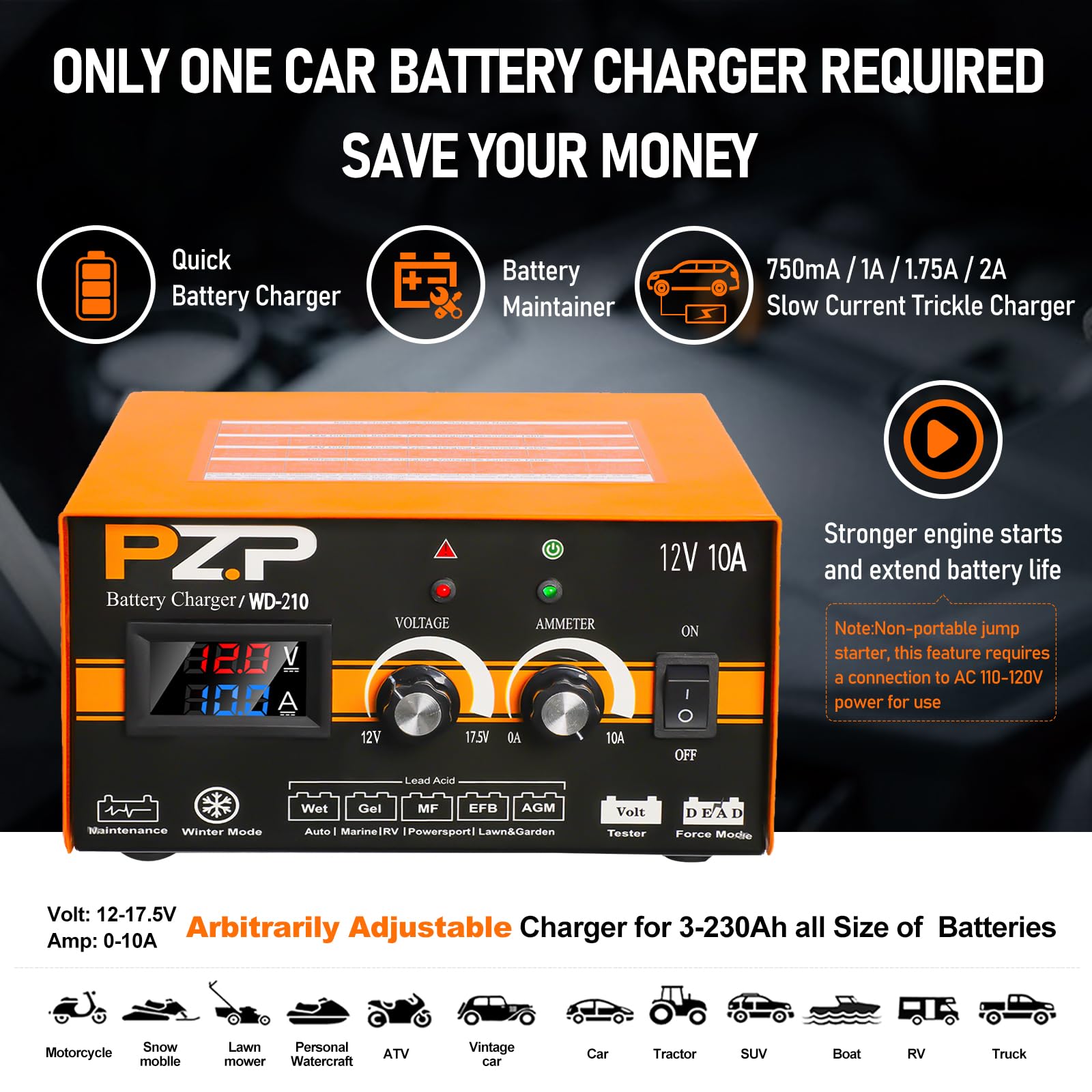 Pzp 12V Manual Battery Charger Maintainer, 0 To 10A Arbitrarily Adjustable Car Battery Trickle Charger, Battery Desulfator With