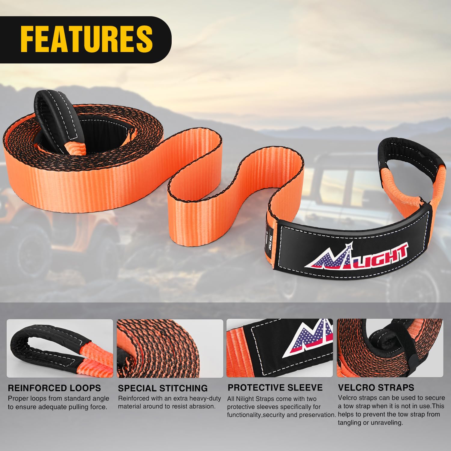 Nilight 3'' x 30' Recovery Tow Strap Lab Tested 31,500lbs Break Strength Heavy Duty Off Road Straps with Triple Reinforced Loop
