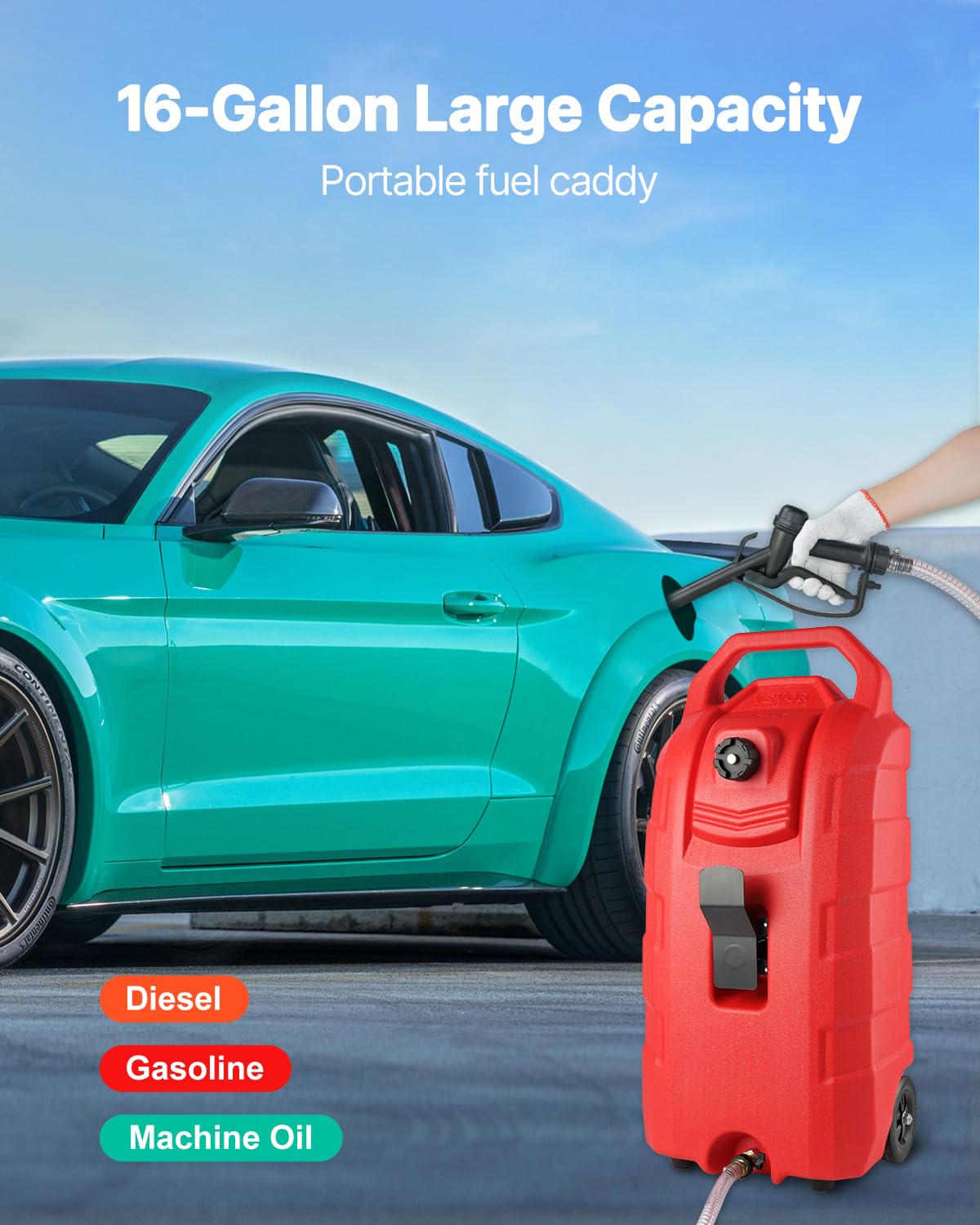 VEVOR Fuel Caddy, 16-Gal Portable Gas Storage Tank Container, 7.8 L/min Fuel Transfer Storage Tank with Hand Pump Rubber Wheels,