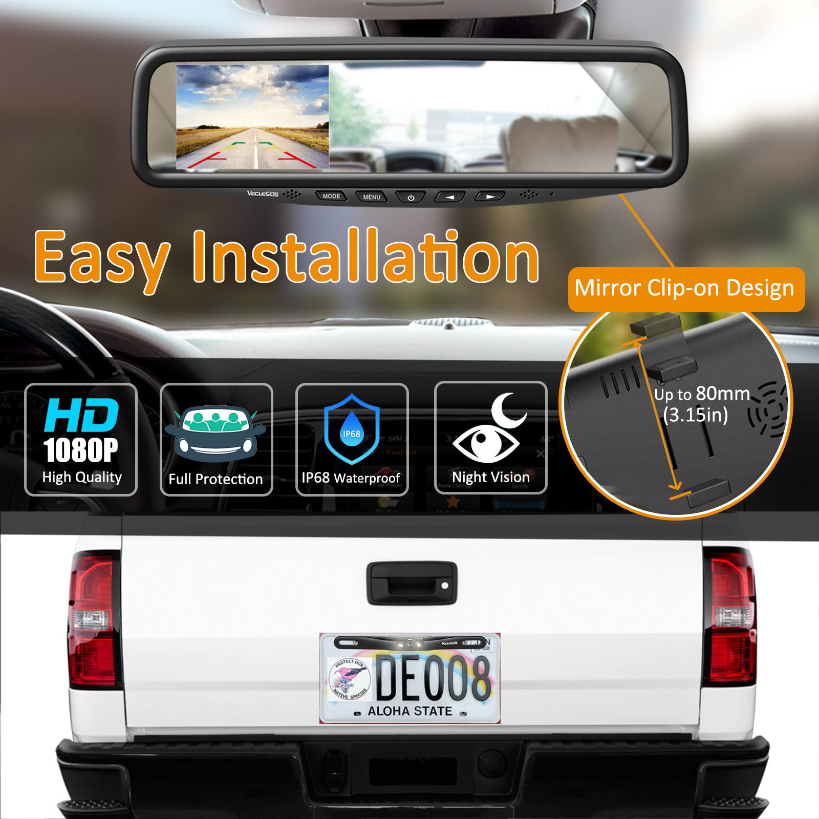 Veclesus Vt1 1080P Wired Car Backup Camera Kit, Easy To Install For Continuous Or Reversing Viewing, 4.3'' In-Mirror Clip-On Mon