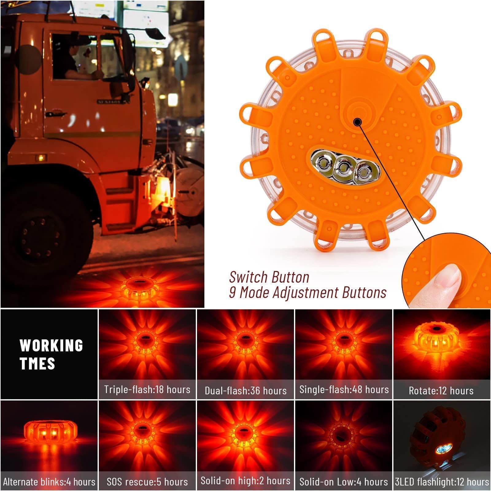 Heigpan Gp908 8 Pack Led Road Flares Emergency Roadside Lights Safety Flashing Warning Beacon Disc Warning Flare Kit With Hook M