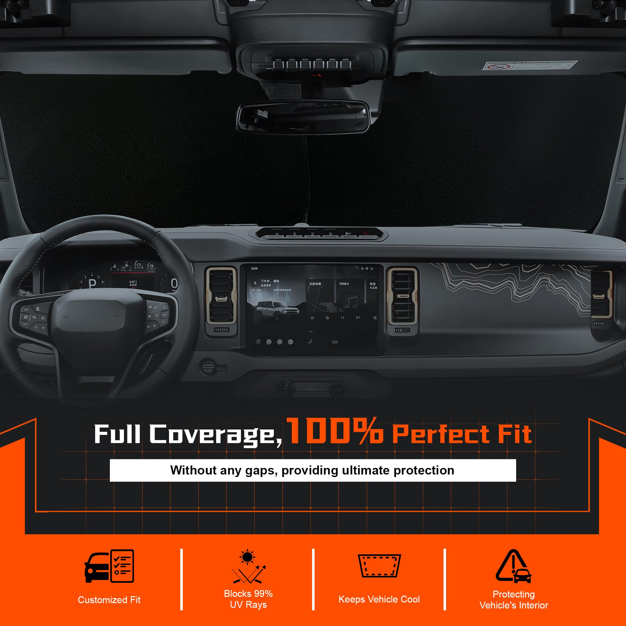 Toluoma Custom Fit Windshield Sun Shade For Malibu 2016-2025 - Full Coverage, 210T Reflective Fabric, Double-Layer Design - Bloc