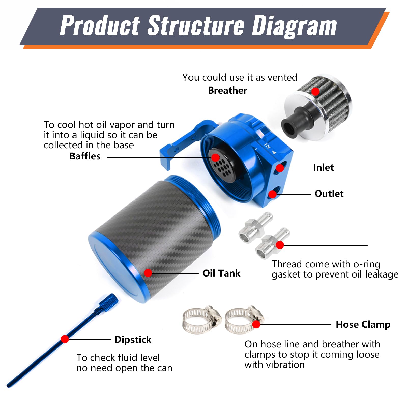 Muge Racing Carbon Fiber Universal Oil Catch Can Tank Kit Polish Baffled Reservoir With Breather Filter With 3/8'' Fuel Line Alu