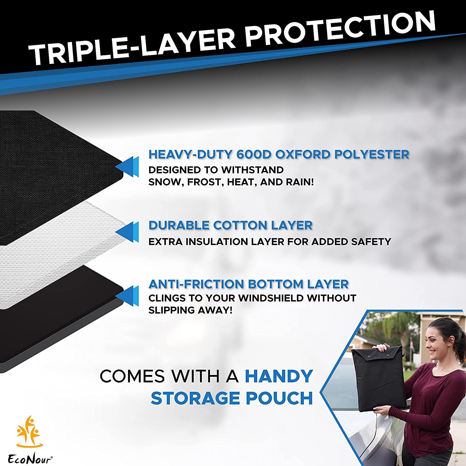 EcoNour Snow Cover - Black (XL) with Side Mirror Cover + Wiper Cover | 600D Oxford Fabric Frost Cover for All Weather | Durable