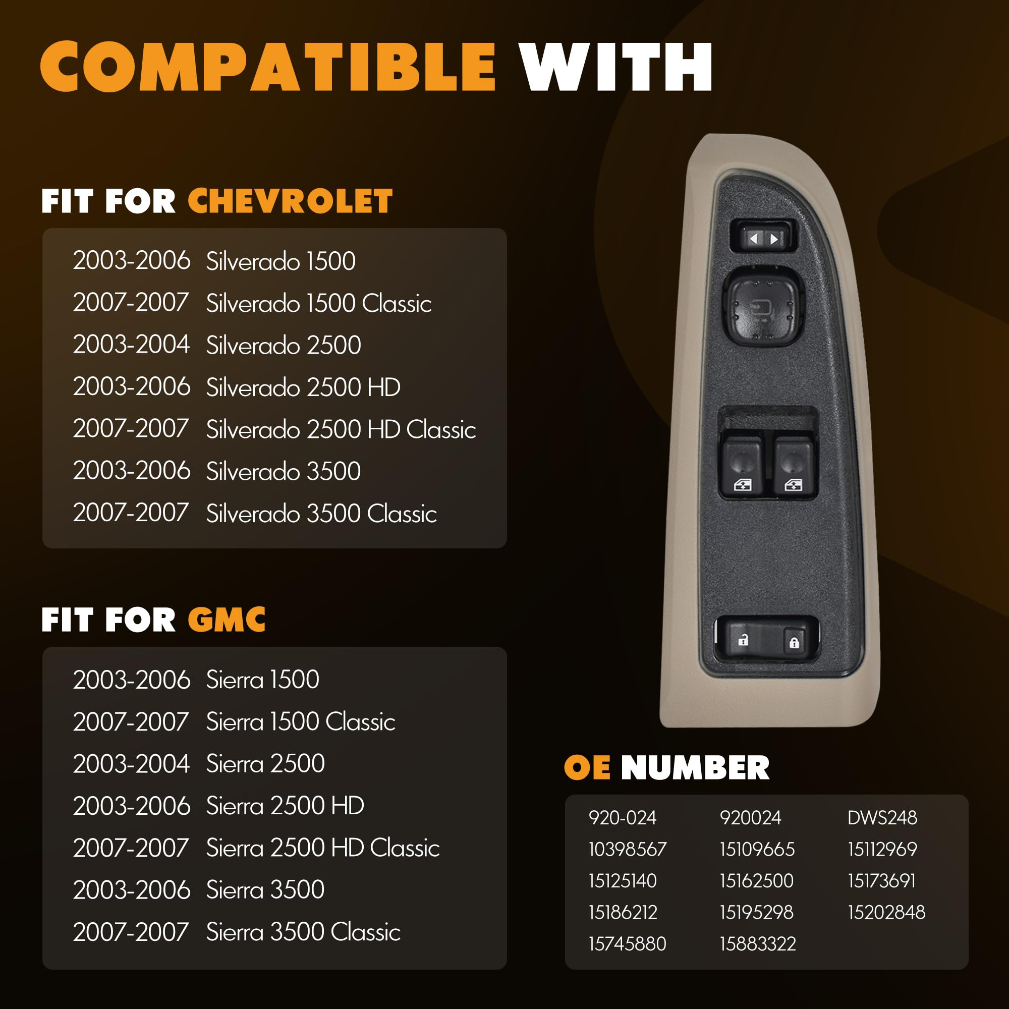 ASOPARTS 15883322 Front Driver Side Power Window Switch and Tan Bezel Assembly with Folding Mirror Switch Fit for 2003-2007 Chev