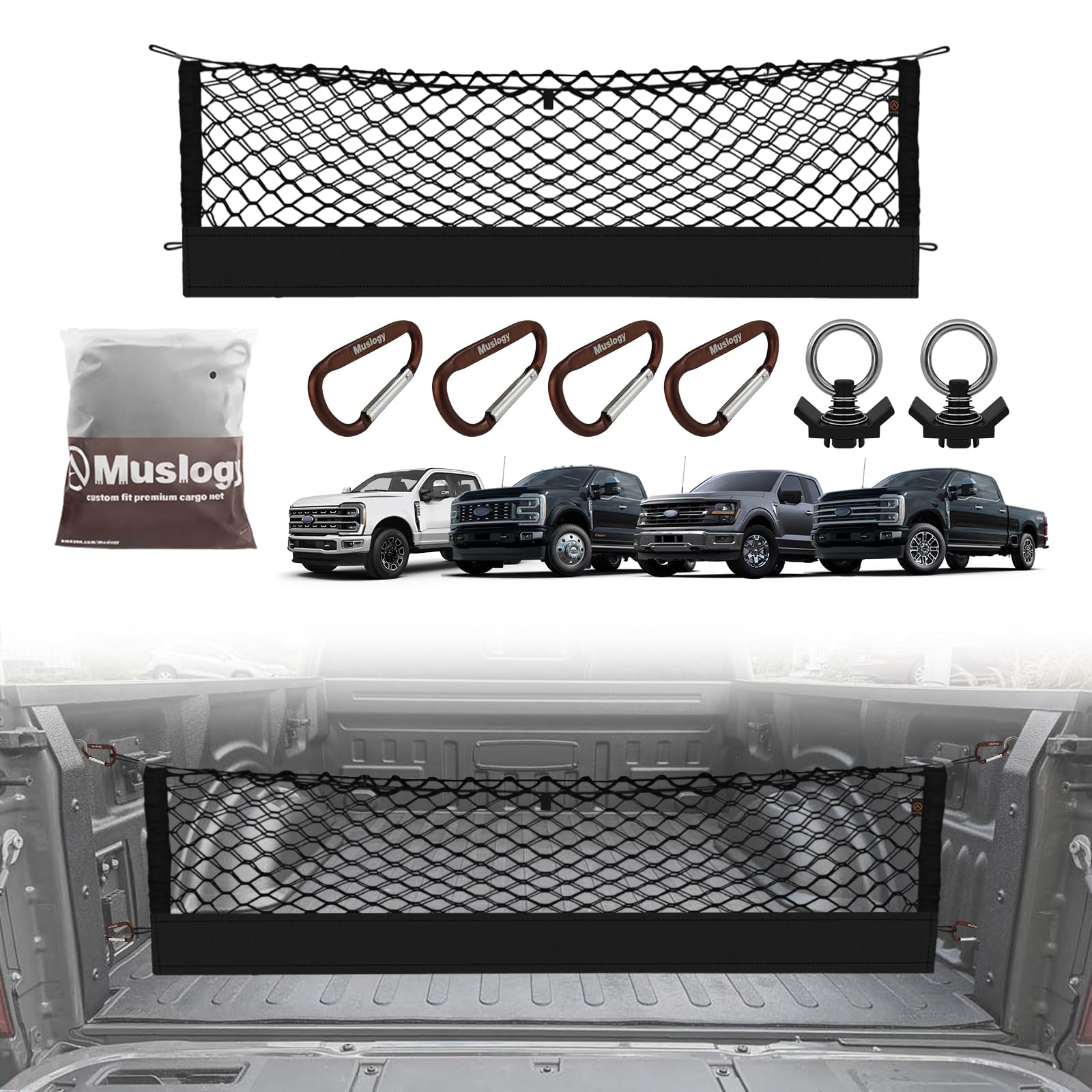 Muslogy Truck Bed Cargo Net Compatible with 2015+ Ford F150 & 2017+ F250/F350/F450 Accessories Storage Organizer Envelope Net wi