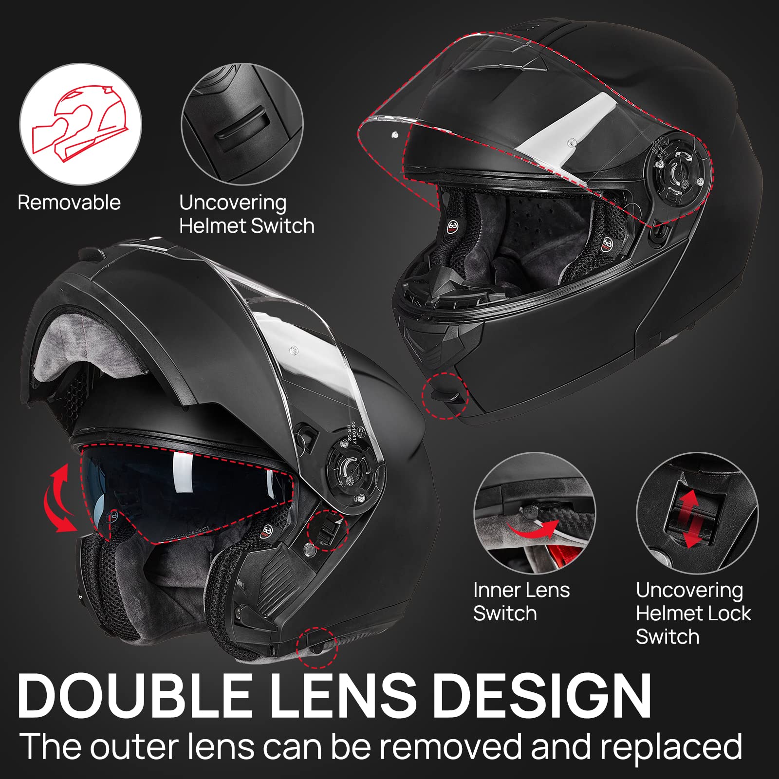 Ilm Adult Motorcycle Modular Full Face Helmet Flip Up Dual Visor Dot Approved Model 159(Matte Black,Large)