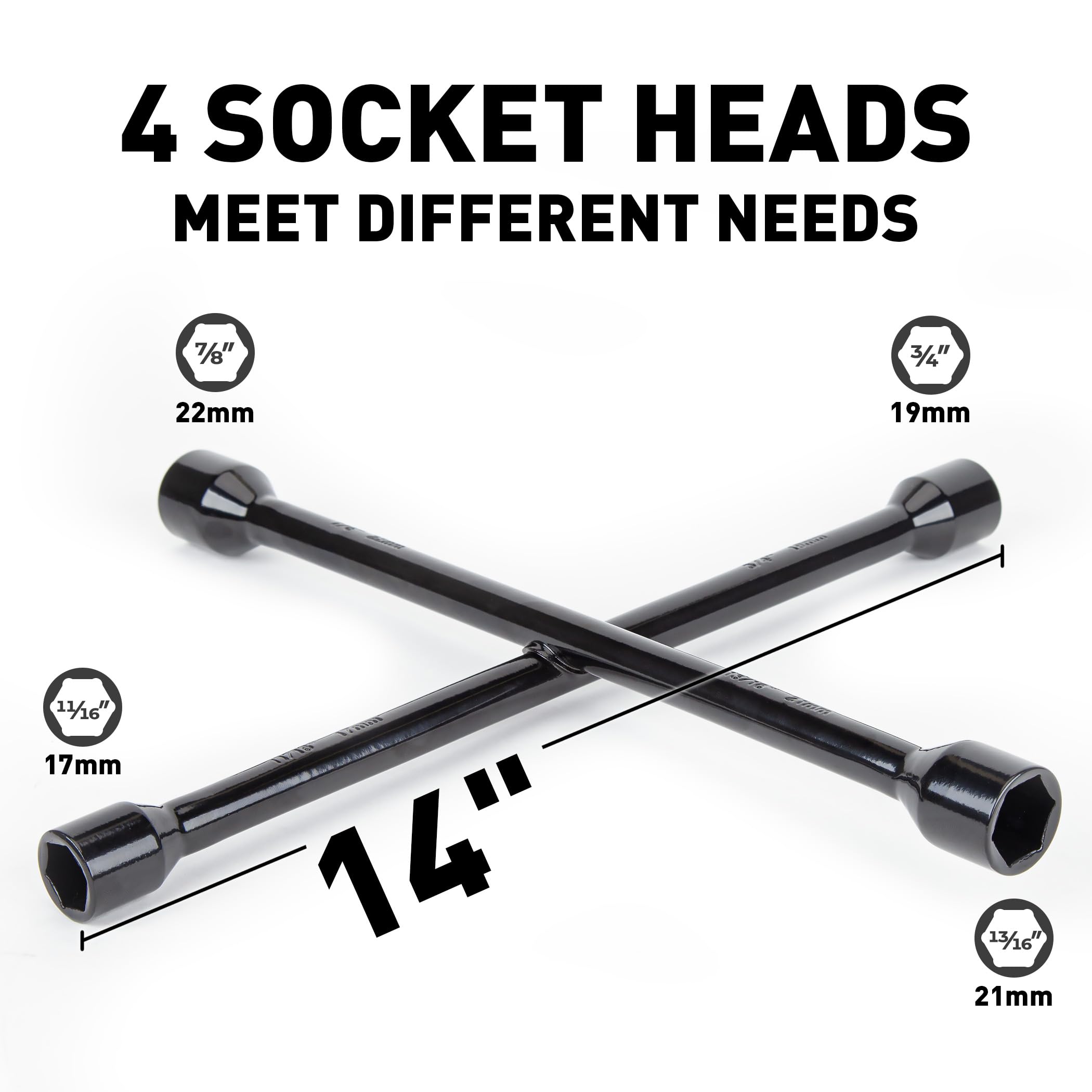 Cartman Professional 14 Inch Universal Heavy Duty Lug Wrench 4 Way Tire Iron Wrench, Black