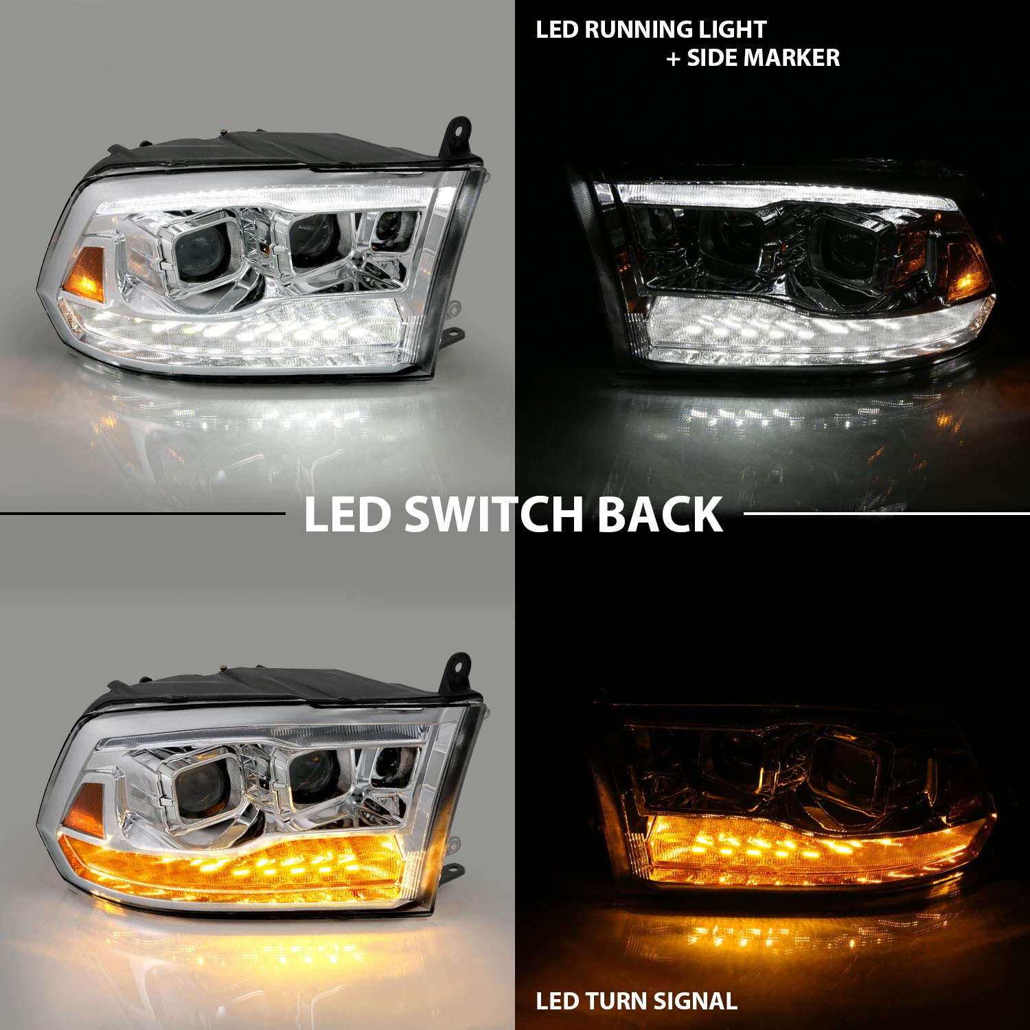 Amerilite For 2009-2018 Dodge Ram Pickup [Quad/Projector Model] Dual Square Projector Switchback Led Tube Chrome Headlights Asse