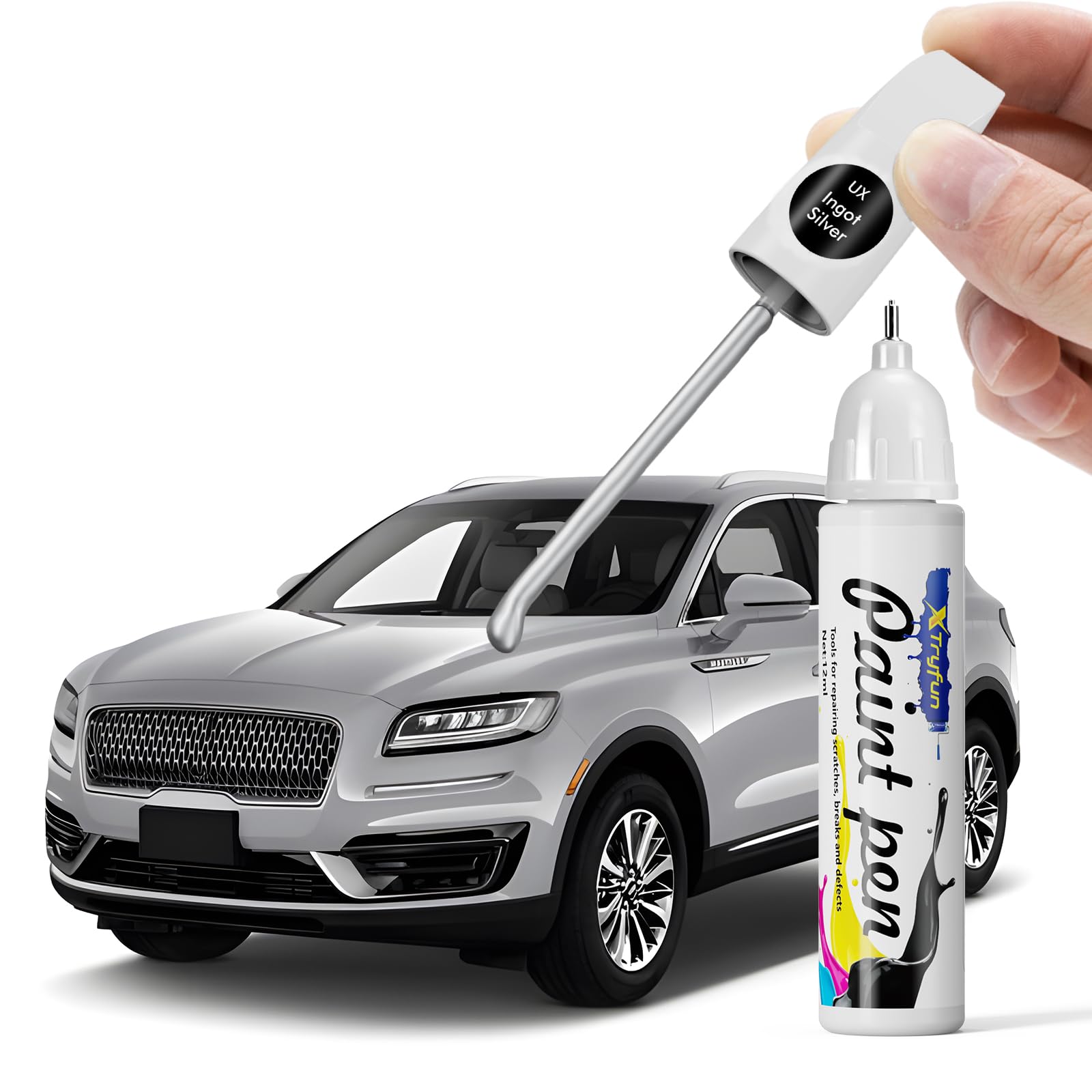 XTryfun UX Ingot Silver Touch Up Paint Compatible with Lincoln, DIY Car Paint Scratch Repair, Quick & Easy Fix Automotive Scratc