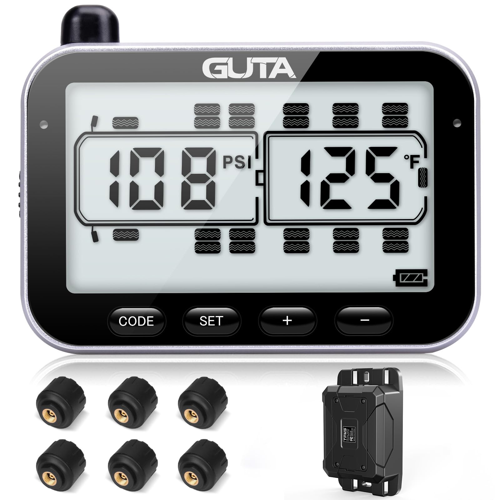 Guta Rv Tire Pressure Monitoring System, Rv Tpms, 6 Sensors, 7 Alarm Modes, 14 Days Battery Life, 80Ft Sensing Distance, Large S