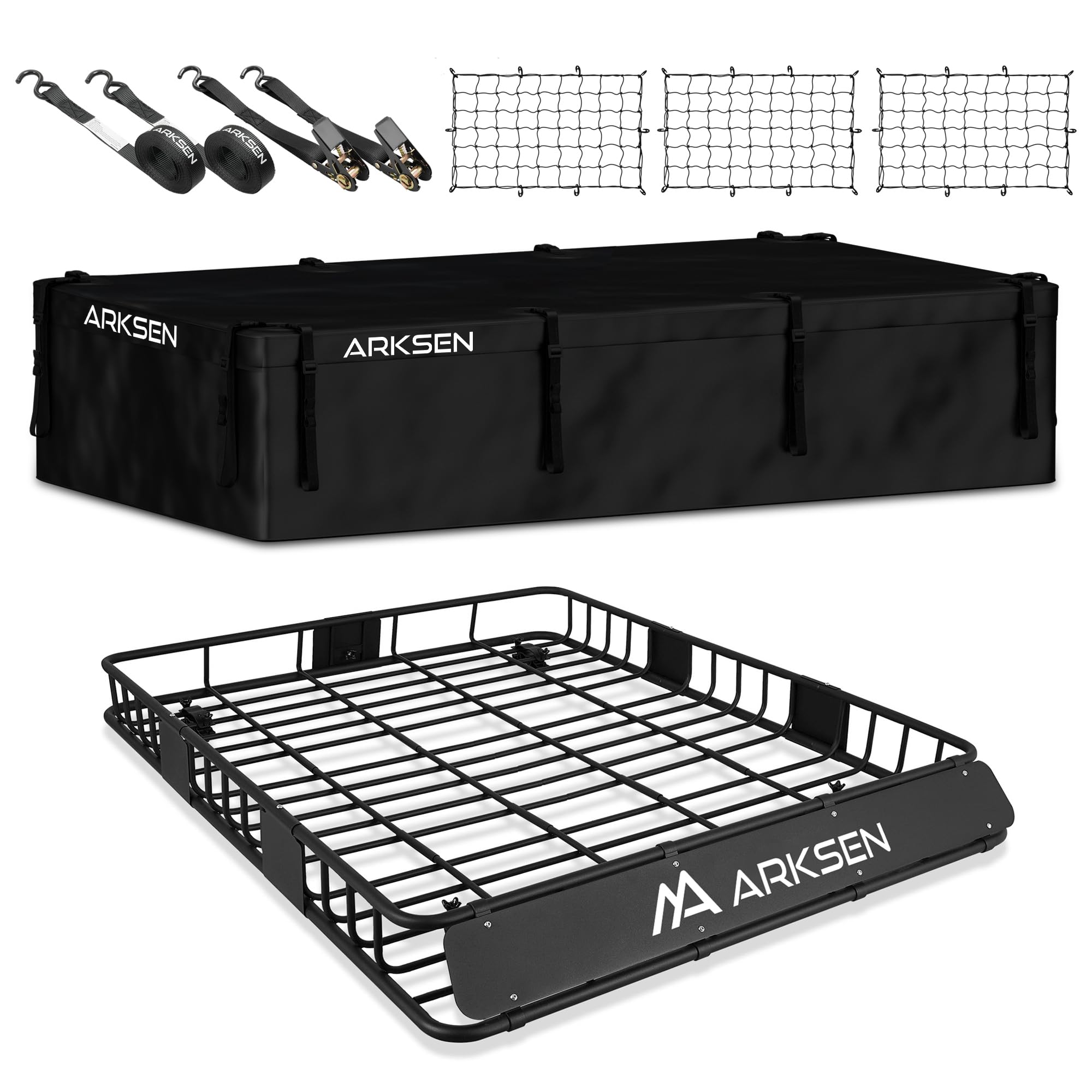 Arksen 84 X 50 X 6 Inch Universal Extra Wide 250Lb Heavy Duty Roof Rack Cargo With 500D Pvc Waterproof Cargo Bag, Nylon Cargo Ne