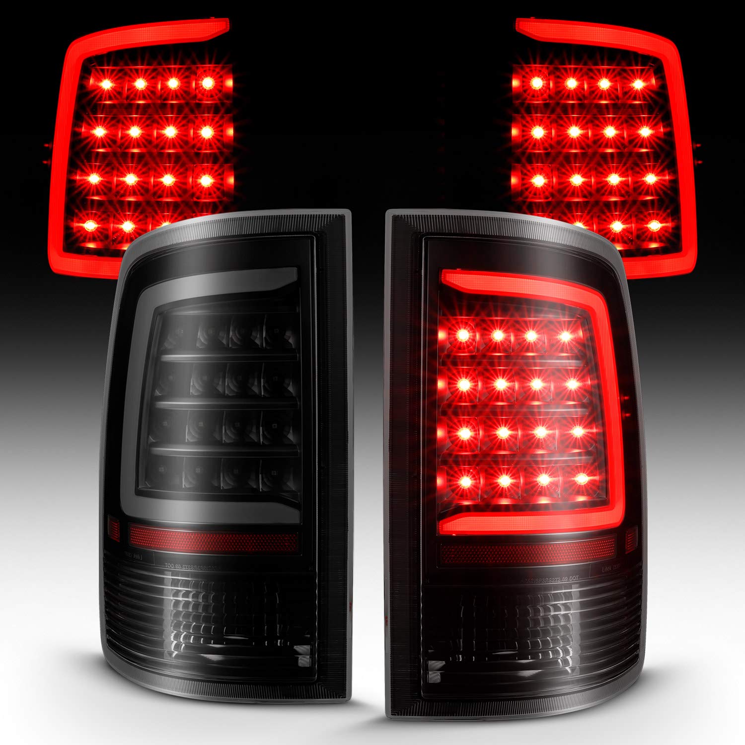 Amerilite For 2009-2022 Dodge Ram 1500/10-22 Ram 2500 3500 Pickup C-Type Led Tube Dark Black Tail Light Assembly Pair - Passenger And Driver Side
