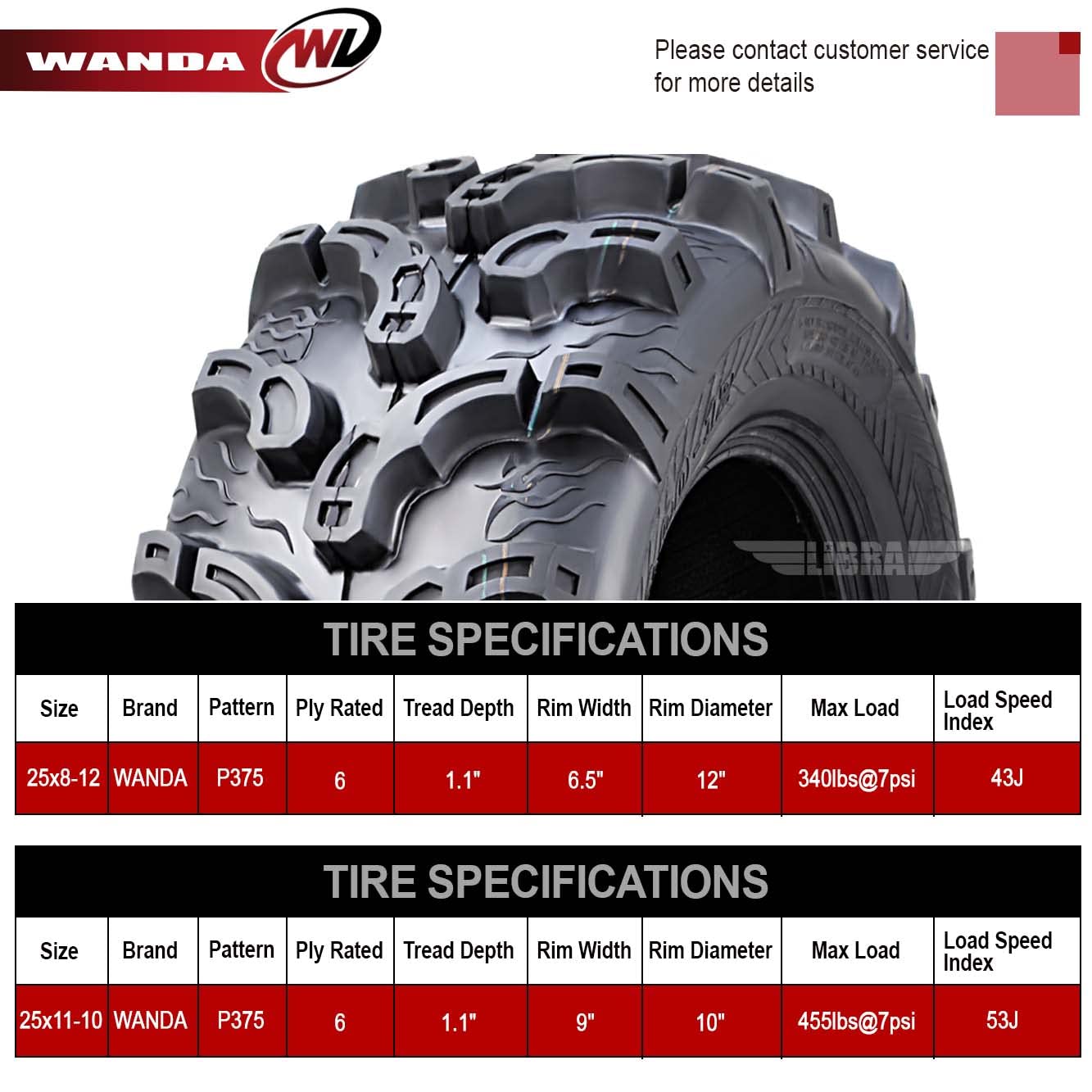 Wanda Set Of 6 Atv Utv Tires (2) 25X8-12 Front & (4) 25X11-10 Rear 6Pr Super Lug Mud