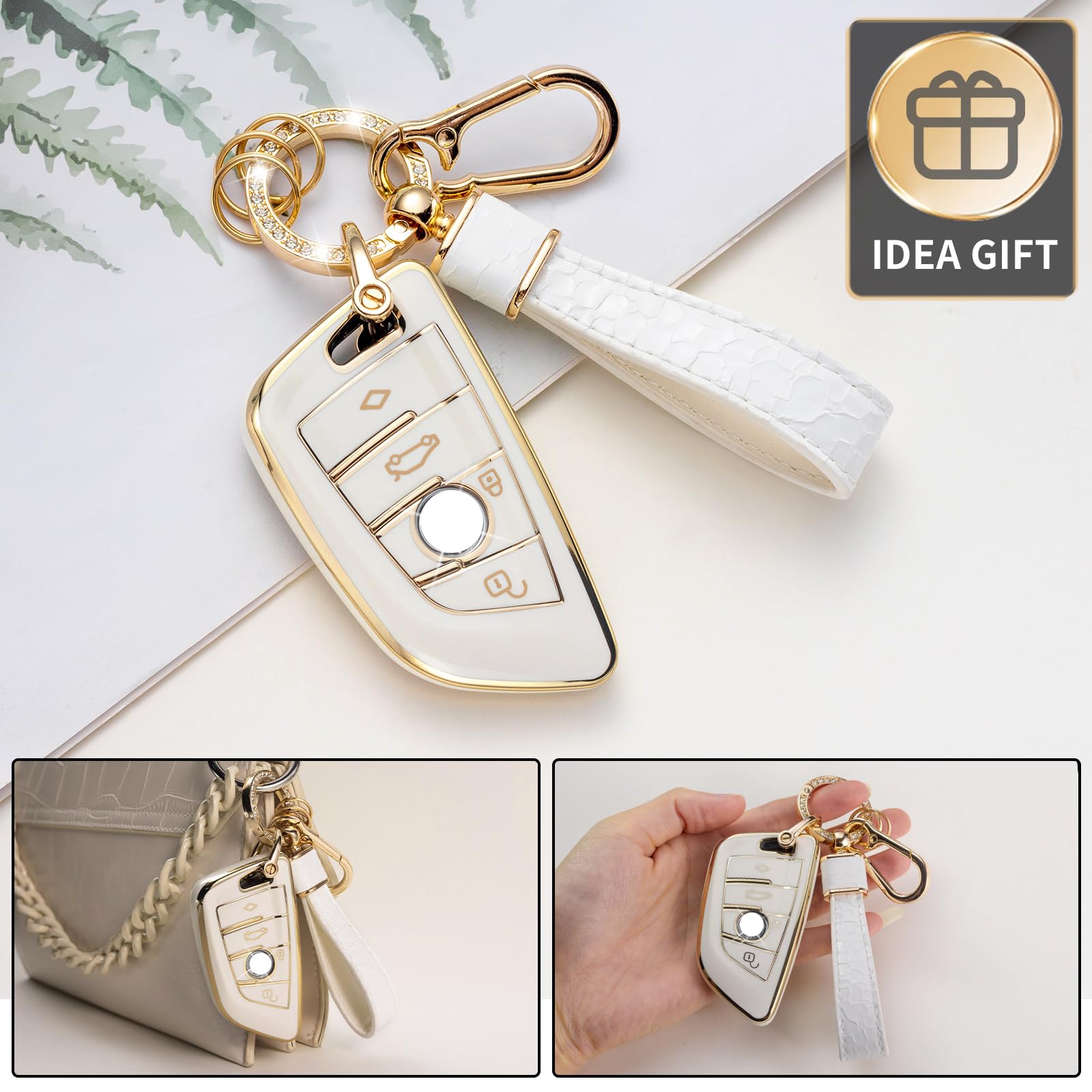 Cacarlike For Bmw Key Fob Cover With Bmw Keychain, Car Key Fob Case Compatible With Bmw X1 X2 X3 X5 X6 2 5 6 7 Series Smart Key