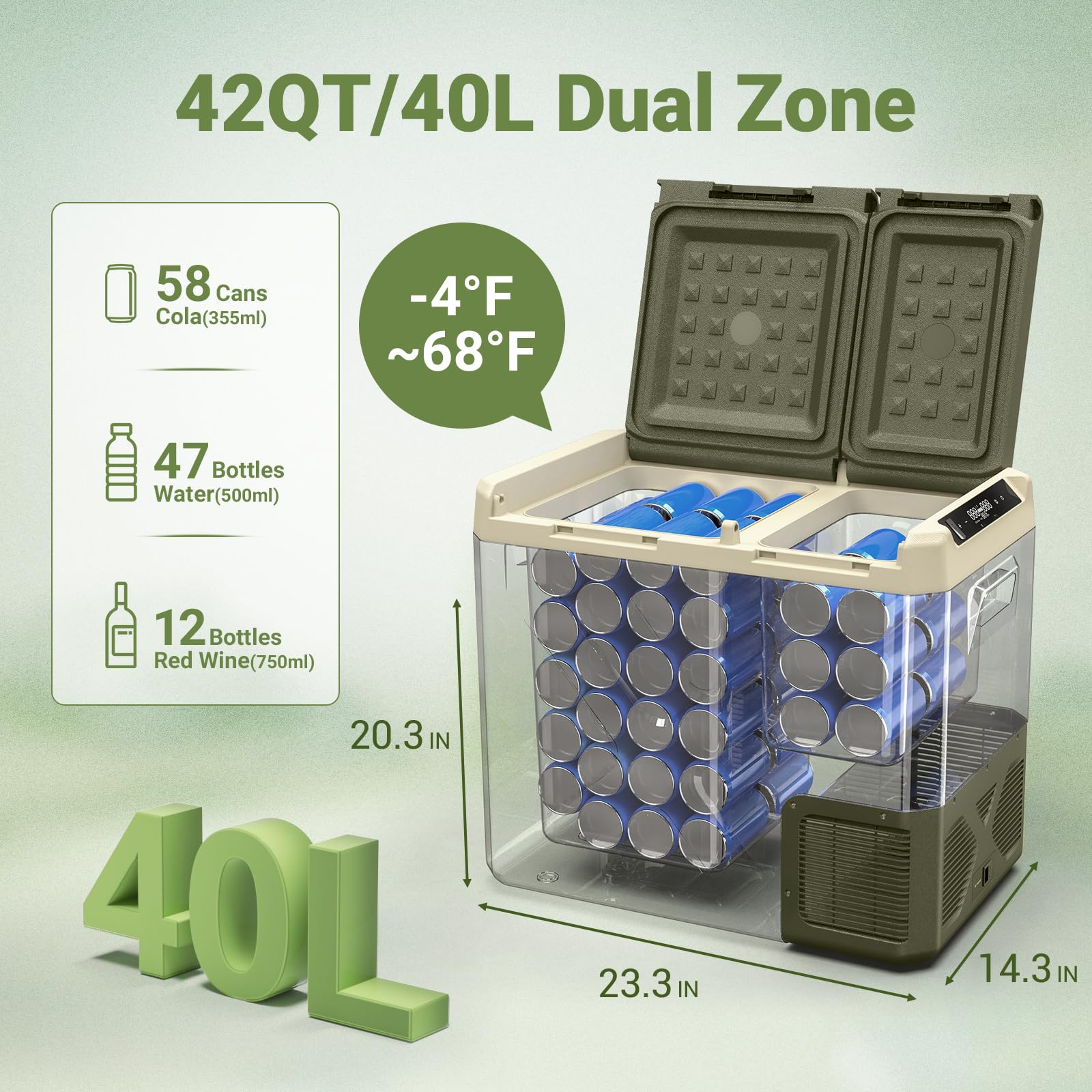 Bodegacooler 12V Portable Refrigerator, 42Quart (40L) Dual Zone Car Refrigerator, Rv Car Fridge App Control, -4?-68?Portable Fre