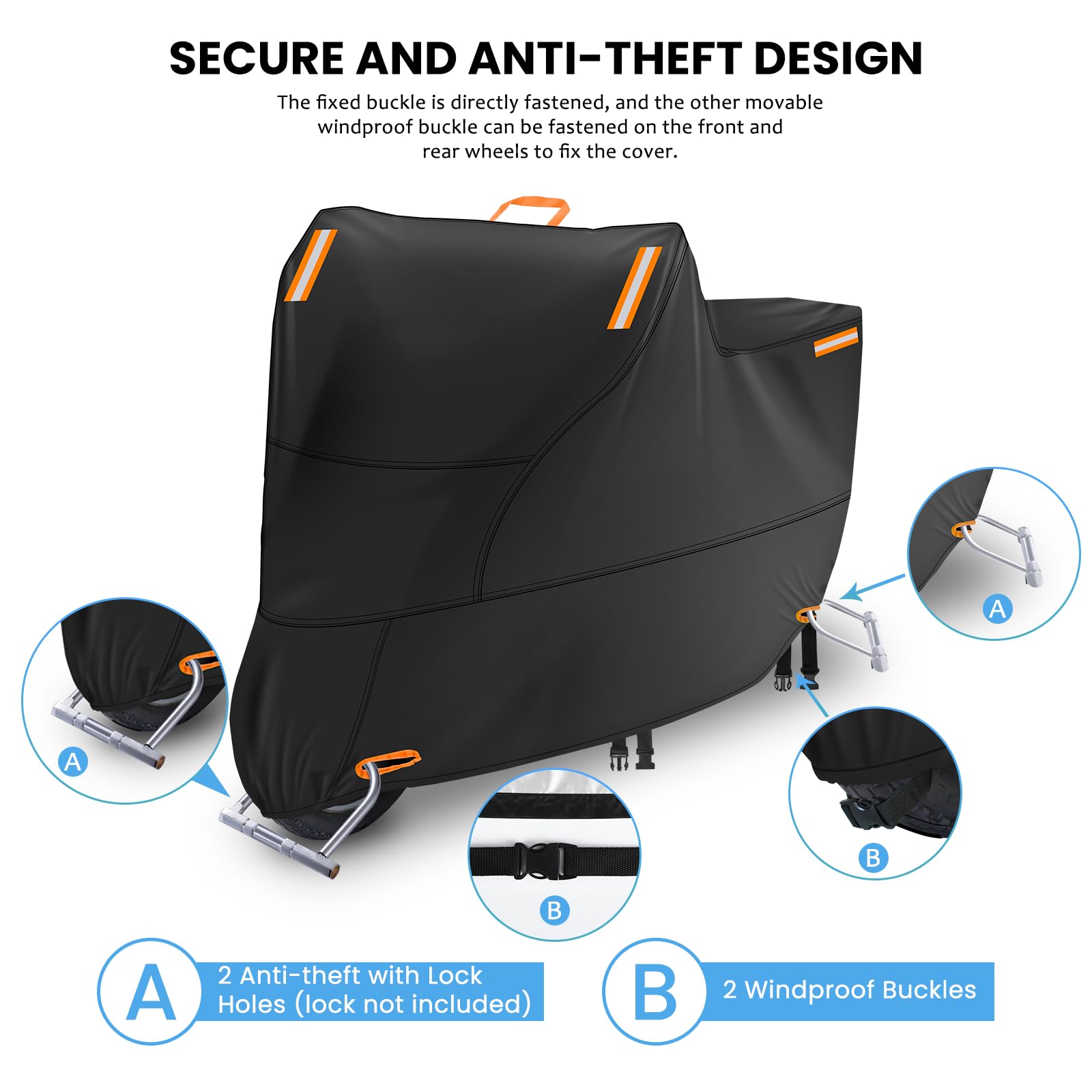 Waterproof Motorcycle Cover Outdoor, Motorbike Scooter Moped Rain Dust Protection Cover with 4 Reflective Strips and 2 Windproof