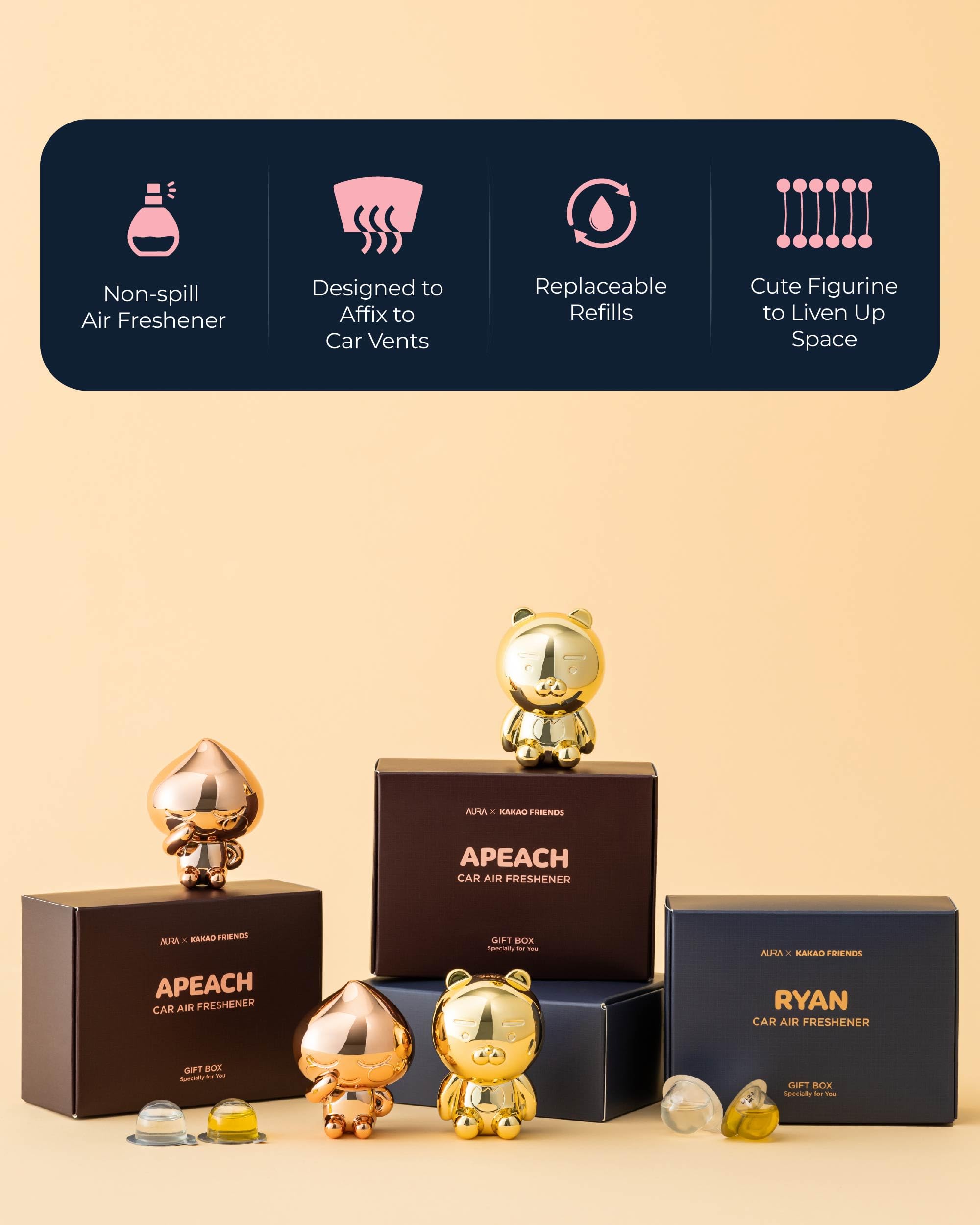 Aura Car Air Freshener Vent Clip, Rose Gold Apeach (2 Scents, 0.07Fl Oz*2) - Long-Lasting Odor-Fighting Scent. Kakao Friends Fig