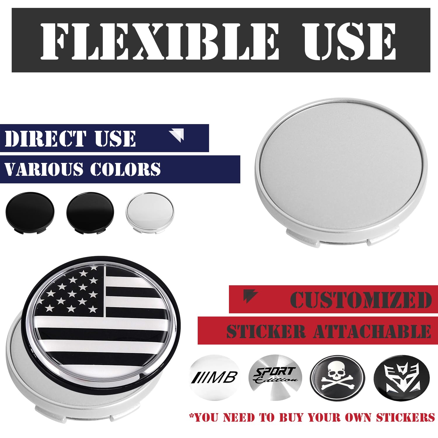 Kitspro 2.2Inch 56Mm Wheel Center Caps, Pack Of 4 (Silver, Outer 56Mm, Inner 53Mm)