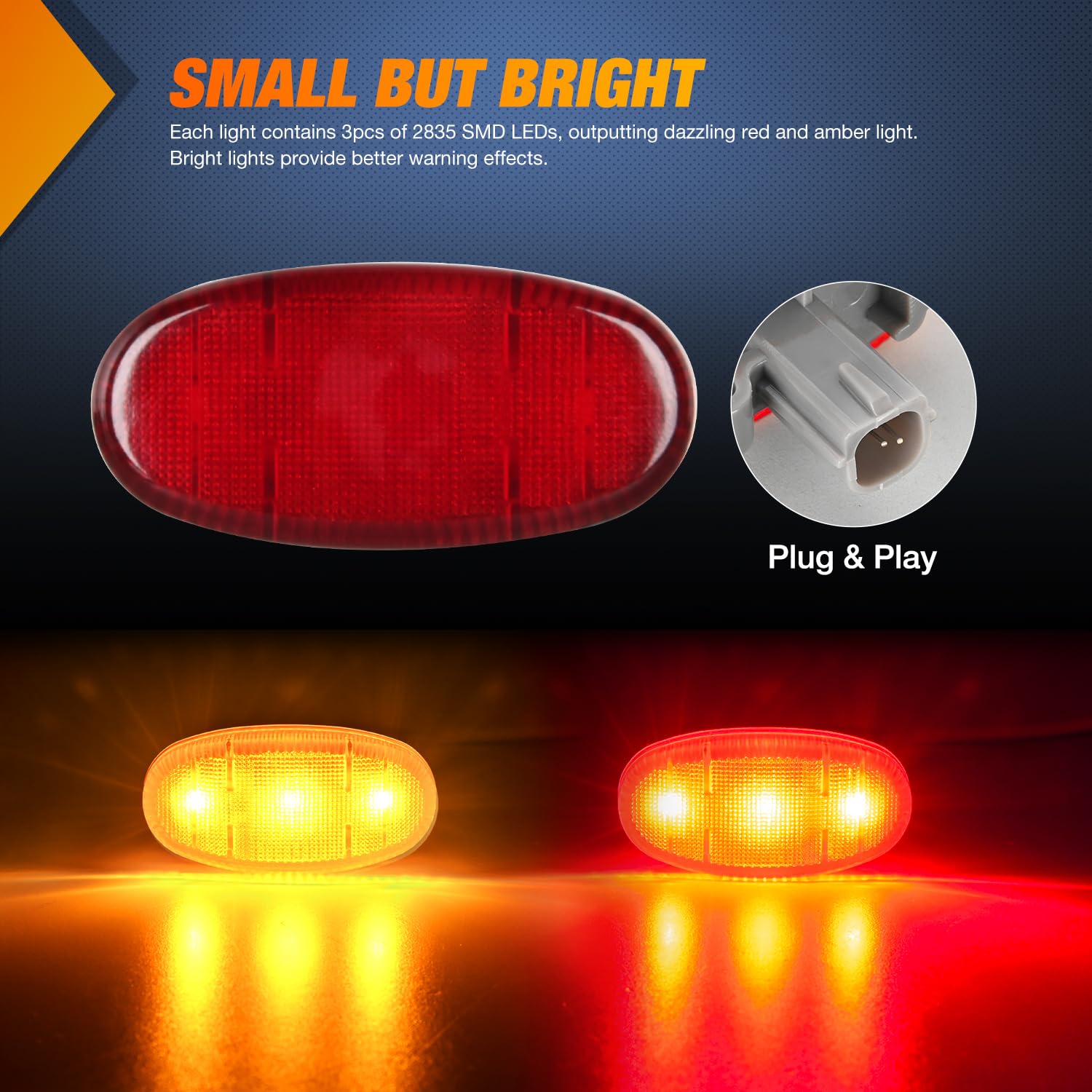 Nilight Wheel Fender Side Marker Lights 4 Pcs 3 Led Red Amber Front Rear Clearance Light Plug And Play Pc Lens Compatible With 2