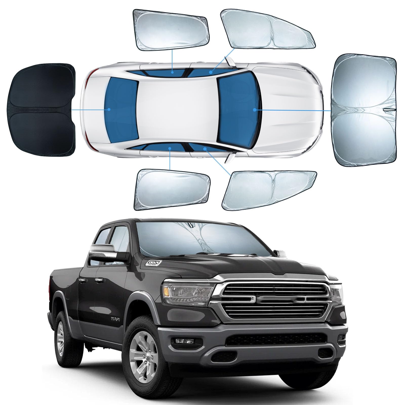 6 PCS Sun Shades for Dodge RAM 1500 Windshield Sunshade, 2-Layer Full Window Shades for RAM 1500 2019-2025 Front Rear Side Windo