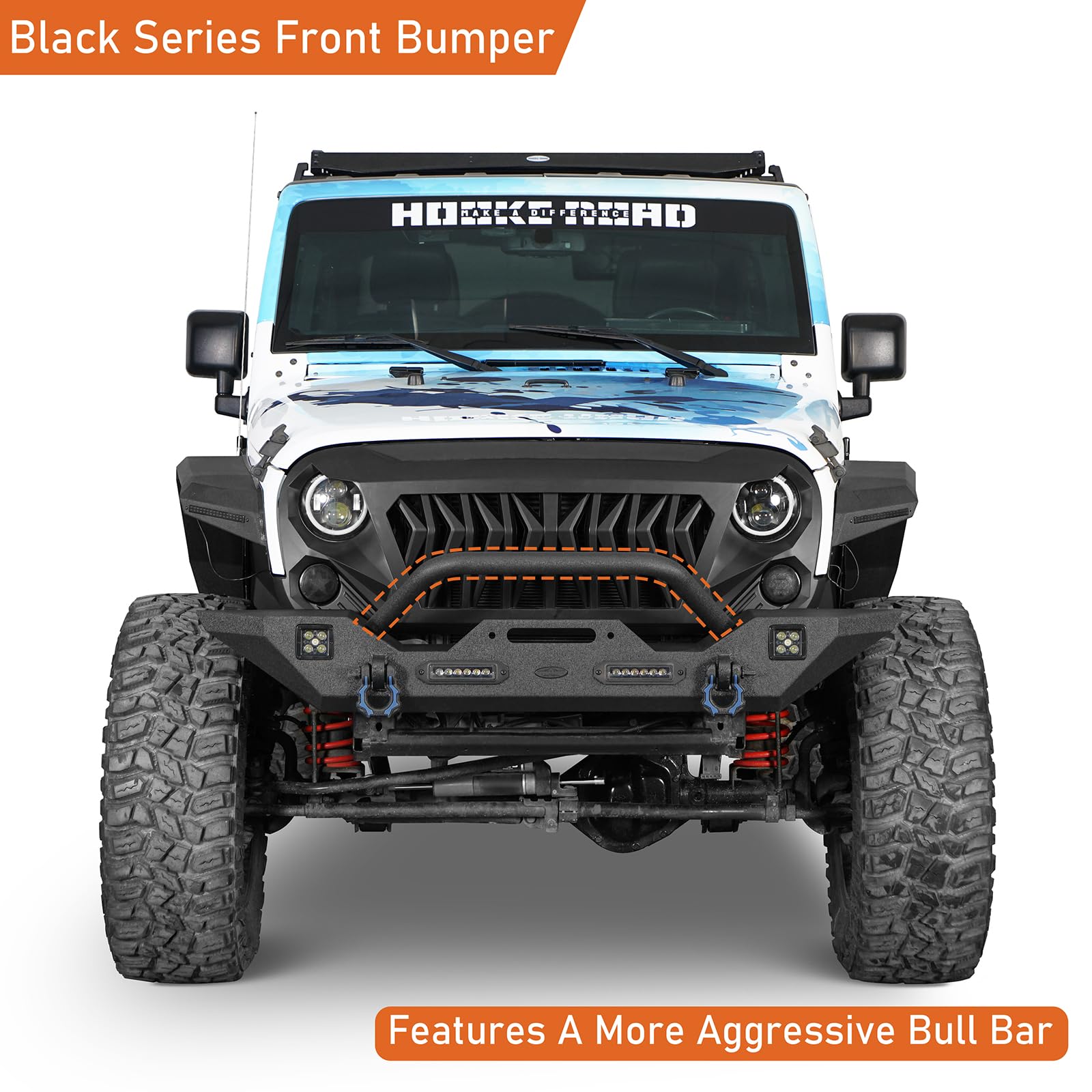 Hooke Road Wrangler Jk Front Bumper + Rear Bumper Combo W/All Led Lights Compatible With Jeep Wrangler Jk & Unlimited 2007-2018