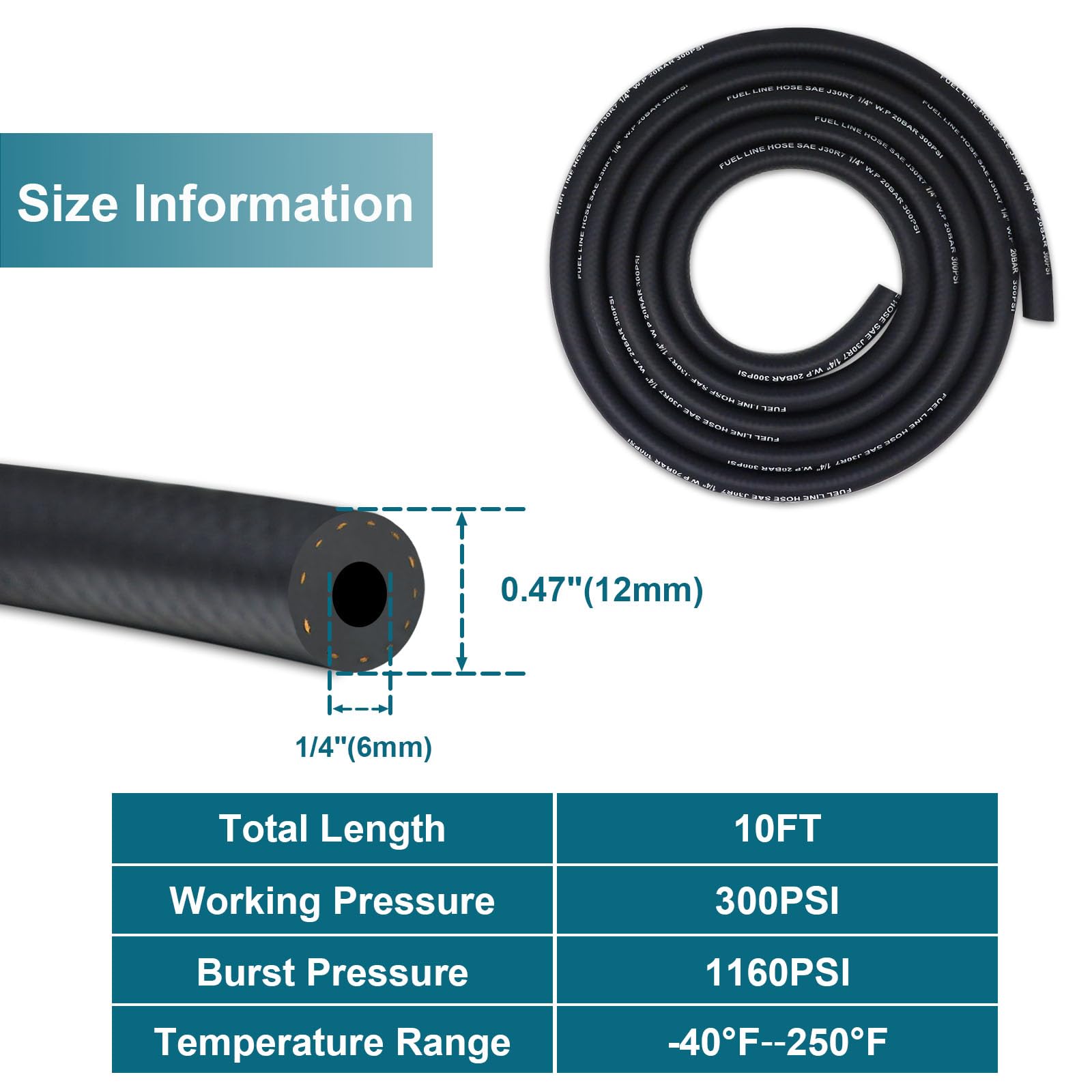 Vwtni 1/4 Fuel Line, Fuel Line Hose 10 Feet, Nbr Rubber Gasoline Tube