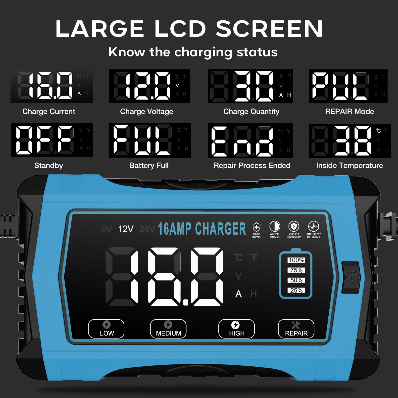 16 Amp Battery Charger,12V 24V LiFePo4 Lead-Acid Lithium Smart Car Battery Charger and Maintainer,Trickle Charger for Car/Motorc
