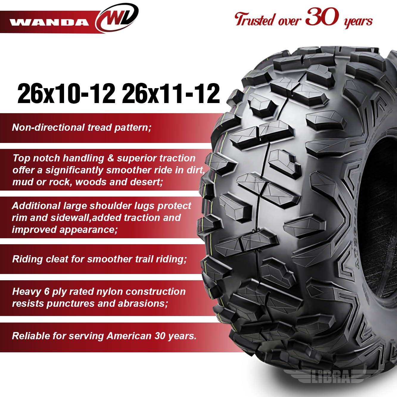 Wanda Set Of 4 Atv Utv Tires 26X10-12 Front & 26X11-12 Rear 6Pr Big Horn Style