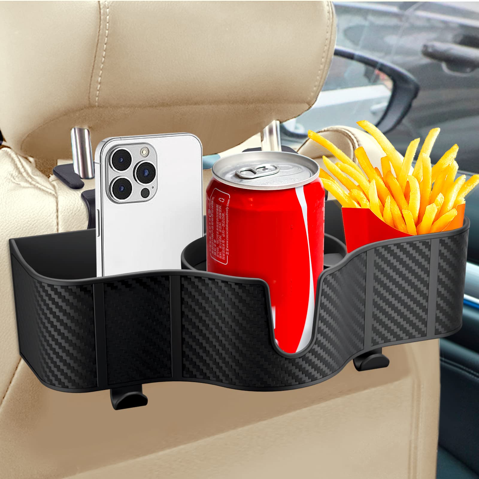 OUSHASAA 3-in-1 Car Headrest Backseat Organizer with 3.7  Backseat Cup Holder for Car, Seat Back Organizer with Hooks