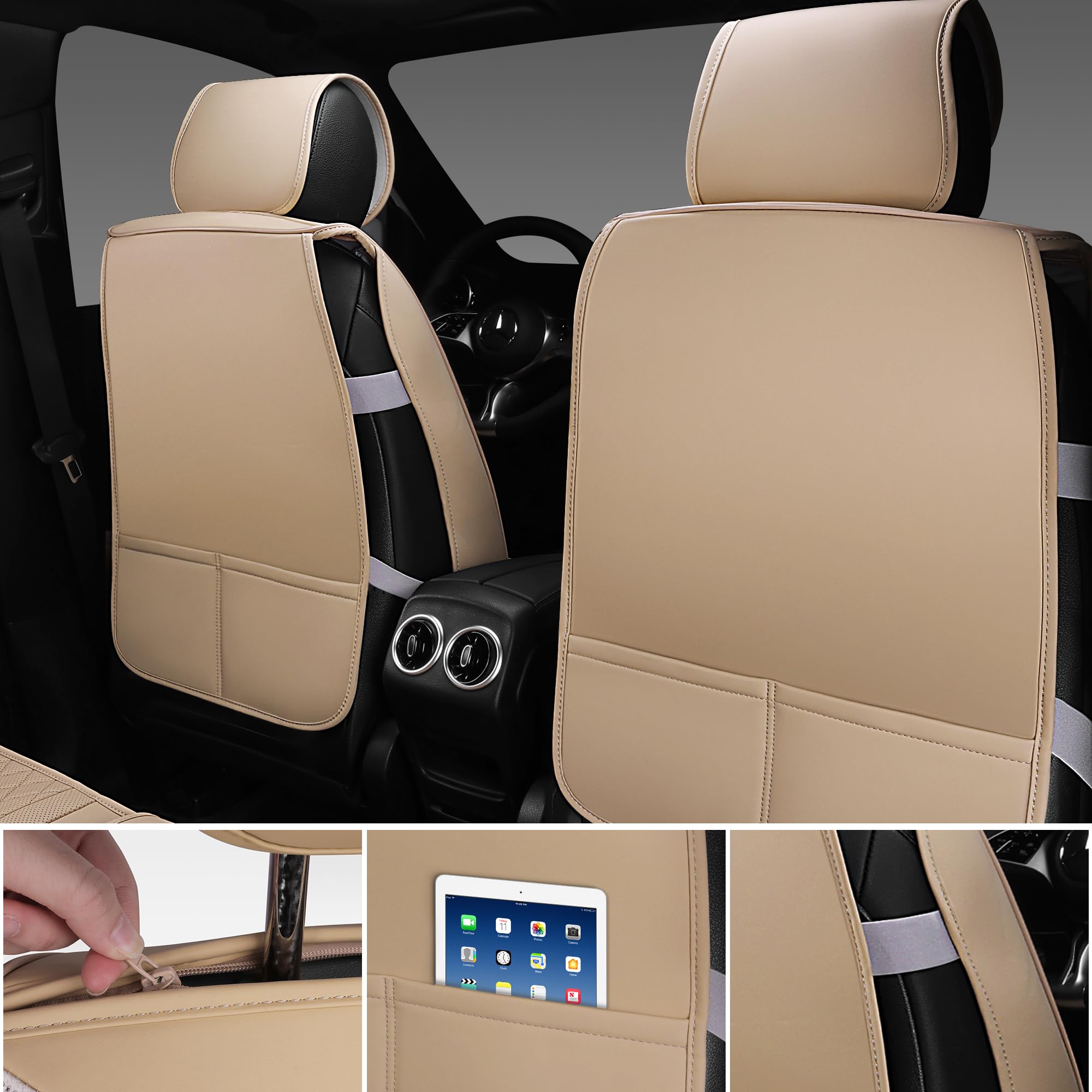 Car Pass Beige Leather Bling Car Seat Covers Full Set, Luxury Microfiber Nappa Pu Cushioned, Waterproof Anti-Slip Universal Fit