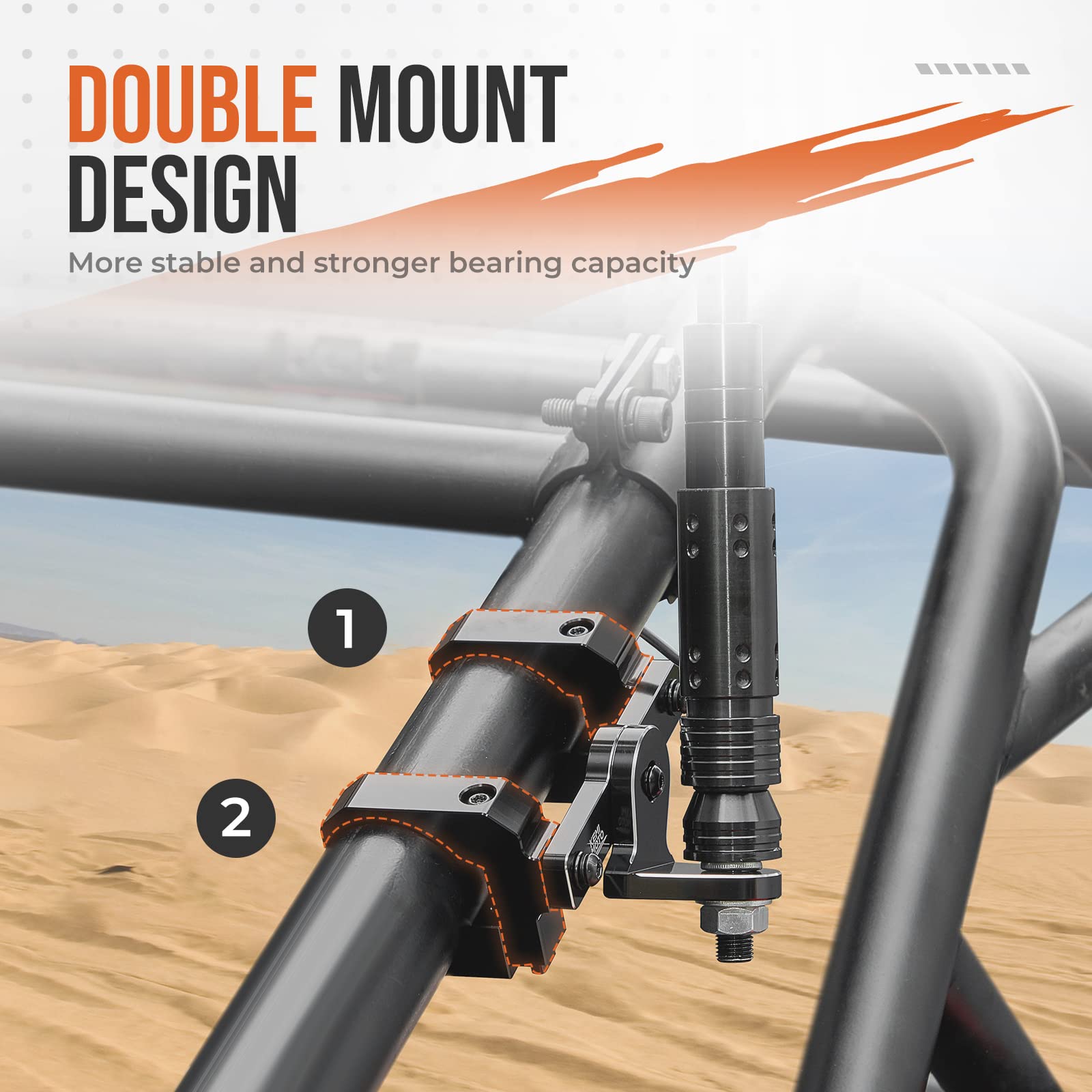 Kemimoto Upgraded Utv Whip Mount 1Pcs, Double-Clamps 1.5''-2'' Roll Cage Heavy-Duty Aluminum Whip Light Mounting Bracket Flag Mo