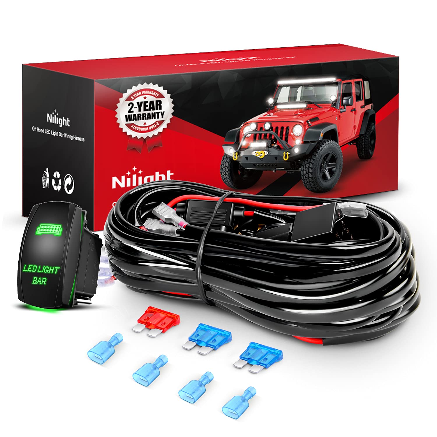 Nilight 16Awg Led Light Bar Wiring Harness Kit 2 Leads 12V On/Off 5 Pin Rocker Switch Power Relay Blade Fuse For Jeep Boat Truck