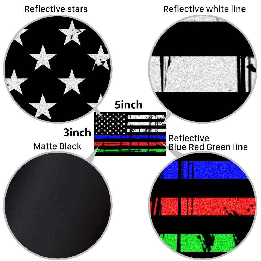 Creatrill Reflective Tattered Thin Blue Red Green Line Decal Matte Black - 3 Packs 3x5 in. American USA Flag Decal Stickers for