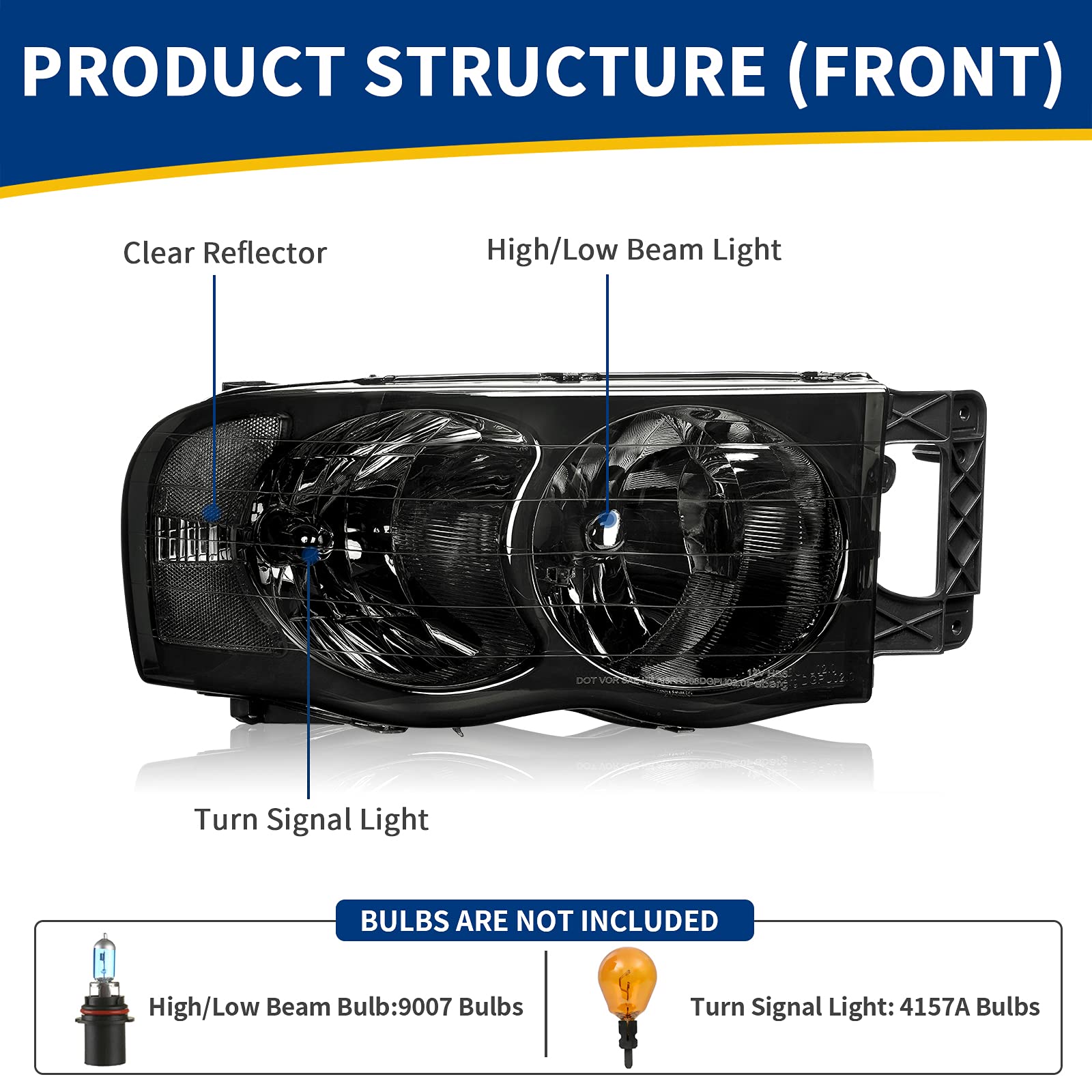 Autosaver88 Headlight Assembly Compatible With 2002-2005 Dodge Ram Pickup Truck Oe Style Replacement Headlamps Smoked Cover With Clear Reflector Lens