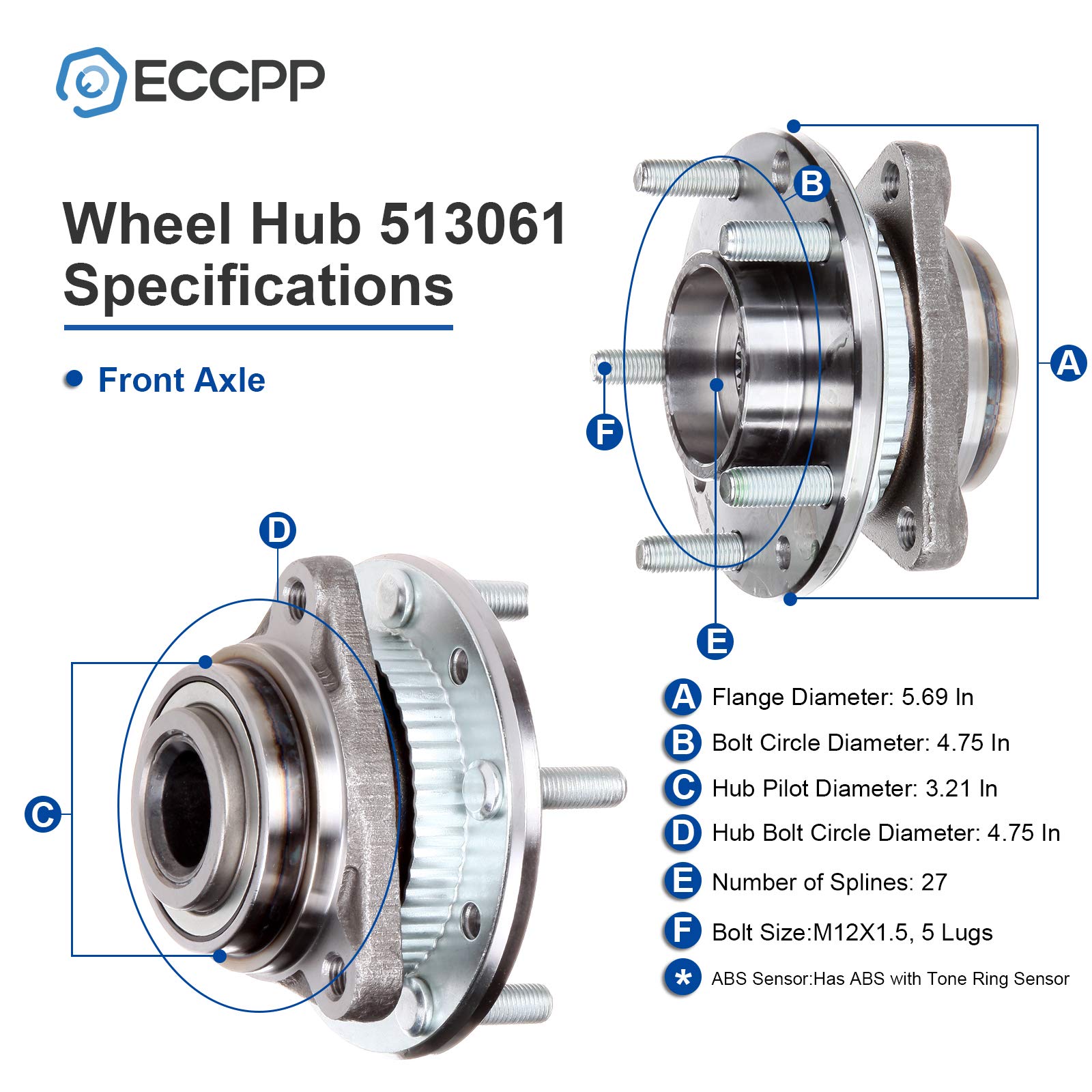 ECCPP Replacement for Wheel Bearing Hub 513061 Hub Bearing Assembly Hub Assemblies Front Axle 5 Lugs 4WD with ABS Sensor for Che