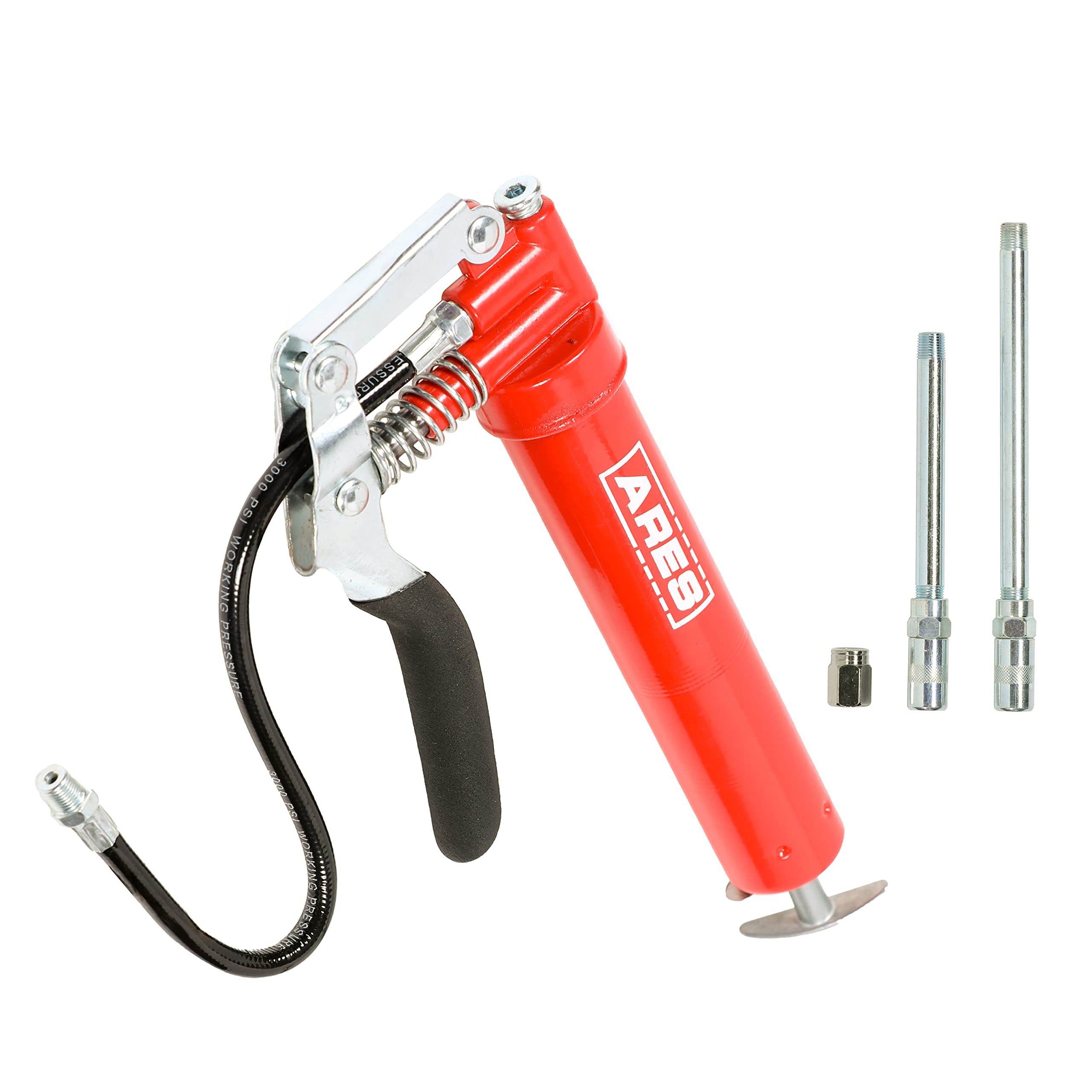 Ares 53011 - 3Oz Pistol Grip Mini Grease Gun - Includes 12-Inch Flex Hose And 4-Inch And 6-Inch Straight Extensions - 3000 Psi W
