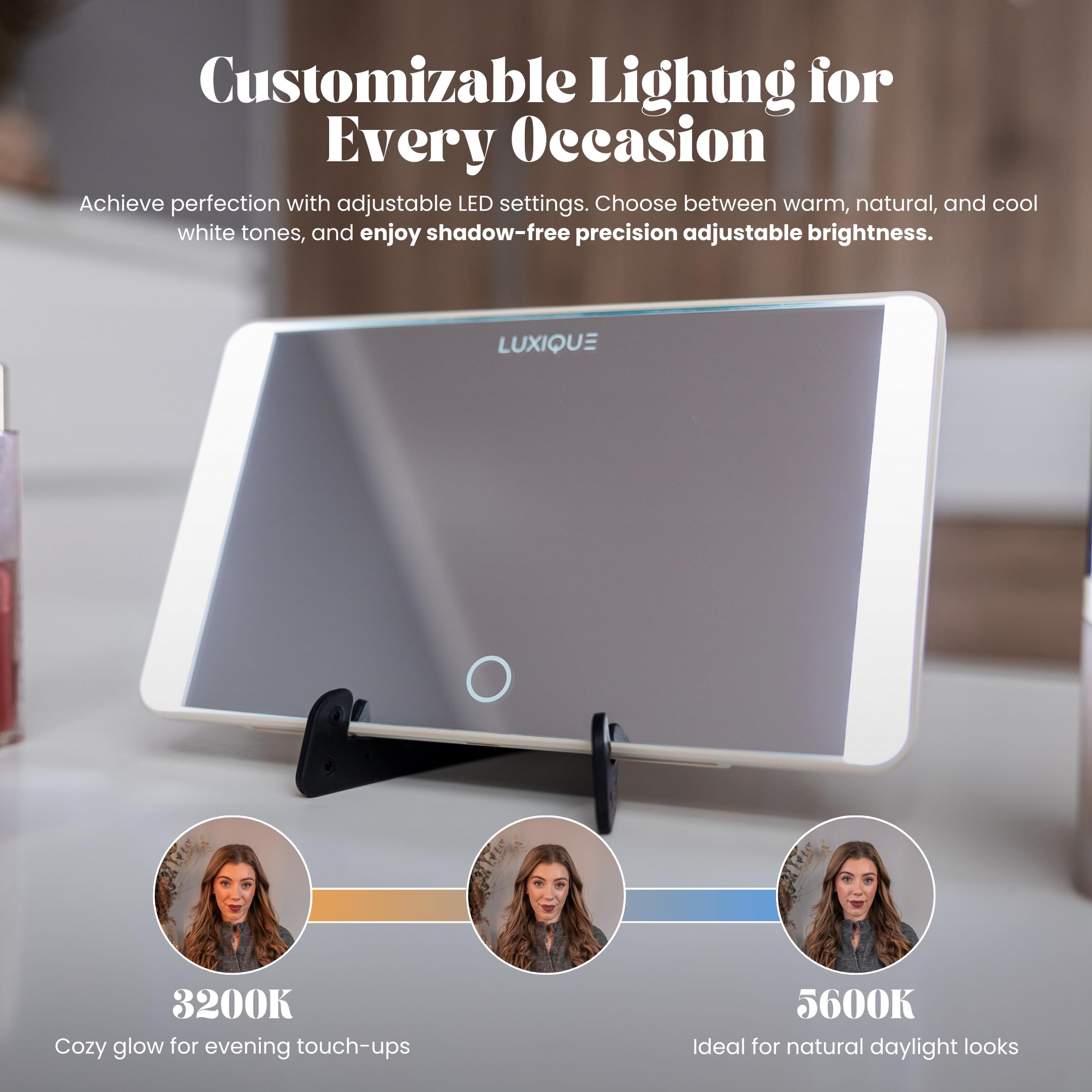 LUXIQUE Rechargeable LED Sun Visor Mirror - 3 Dimmable Light Modes, Portable Makeup and Vanity Mirror, Weather-Resistant, Detach