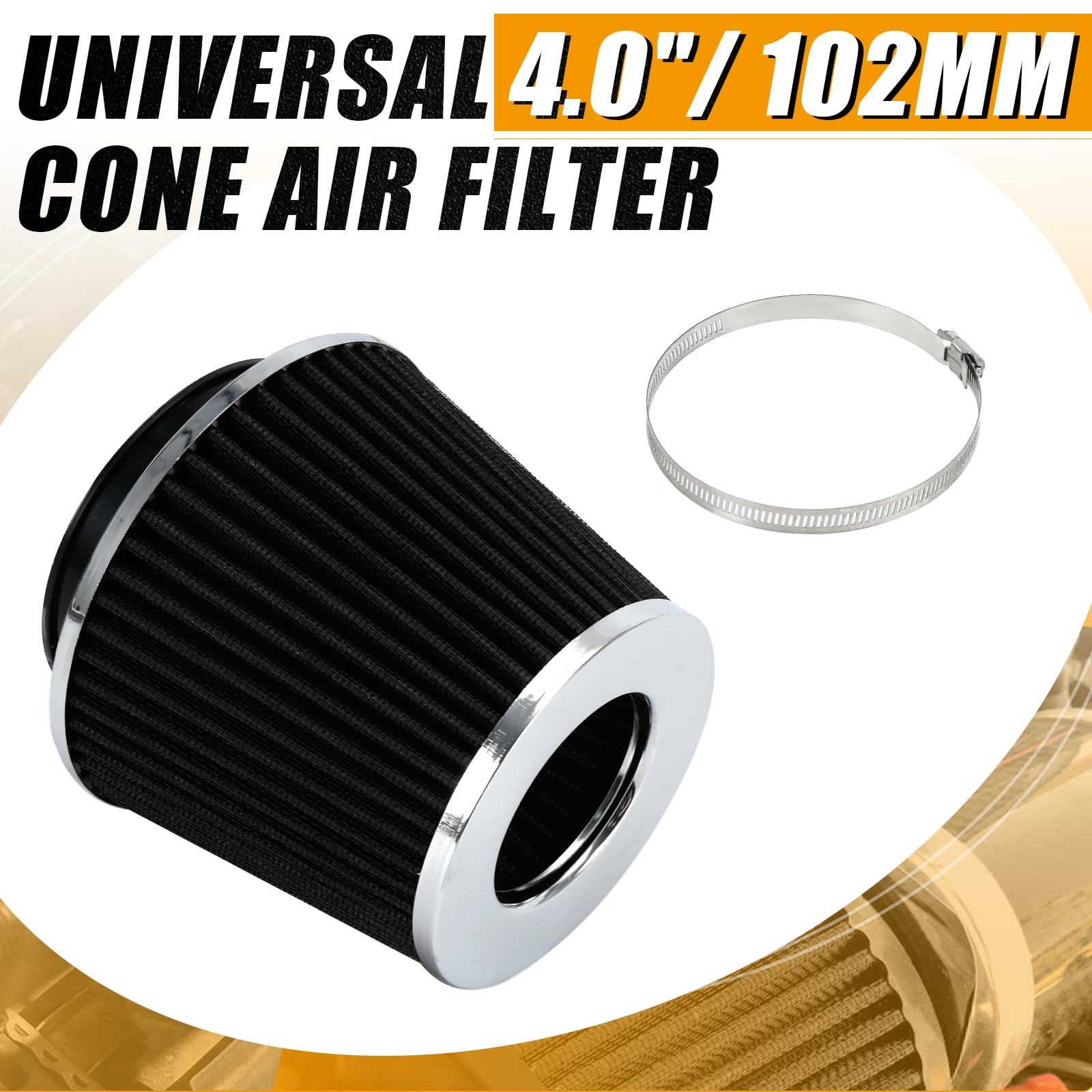 Ptnhz Universal Black 4'' 102Mm High Flow Cold Air Intake Cone Air Filter Power Intake Air Inlet System Air Cleaner